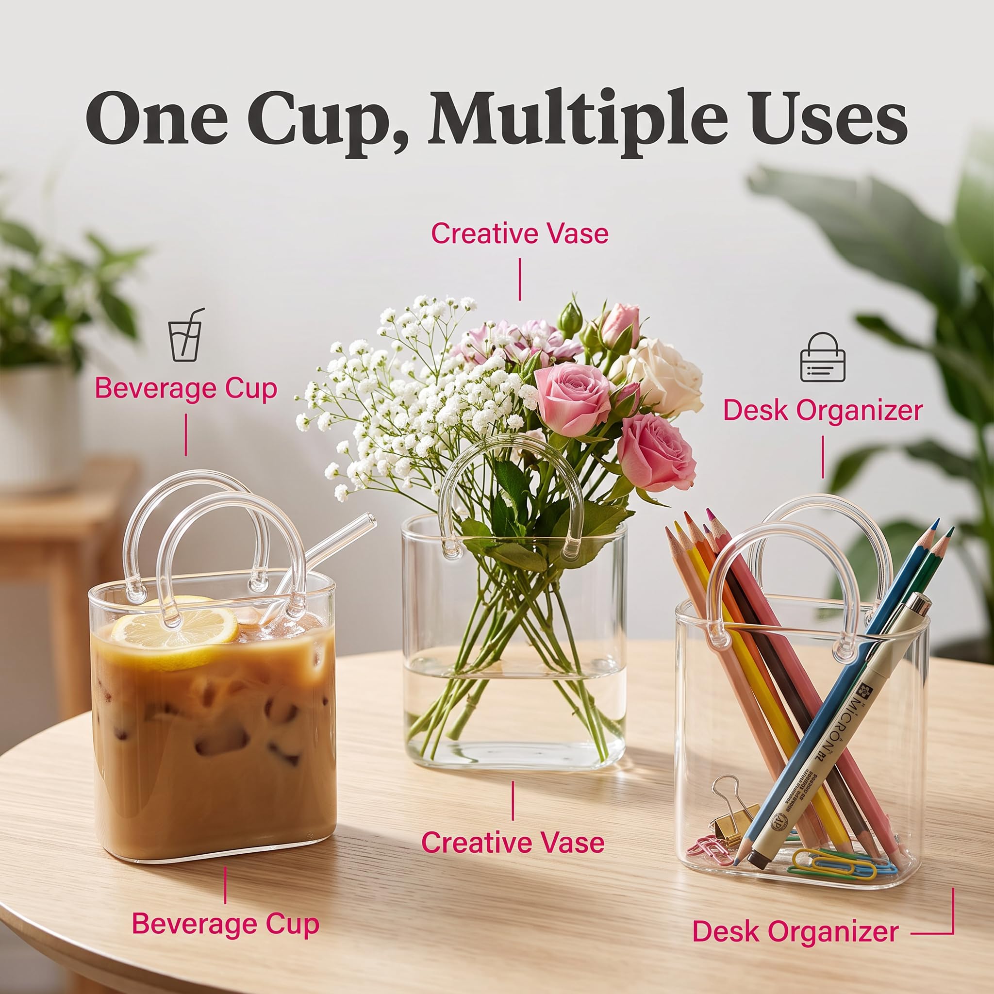 Verre Sac à Main avec Paille, 770ml Verre Cocktail Forme de Sac à Main, Grand Verre Transparent pour Jus, Thé, Café, Smoothie et Composition Florale pour Maison, Bureau et Fête