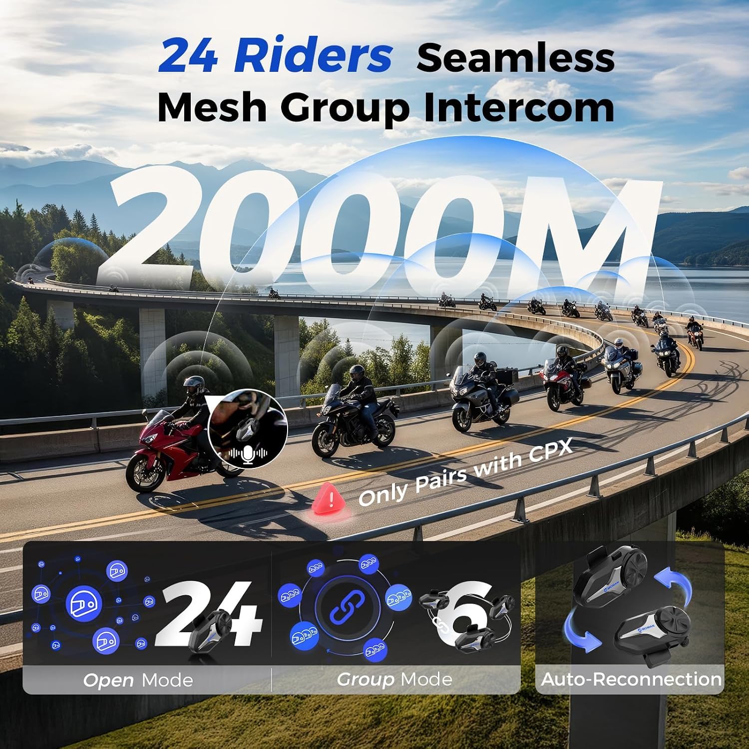 Moman CPX Mesh Interfono Moto 24 Persone Due Modalità 2KM Auricolare 2 Pack | Audio Multitasking BT 5.4 Quad Riduzione del Rumore AI Hi-Fi Stereo/Impermeabile Auricolare Casco Sistema di Comunicazione