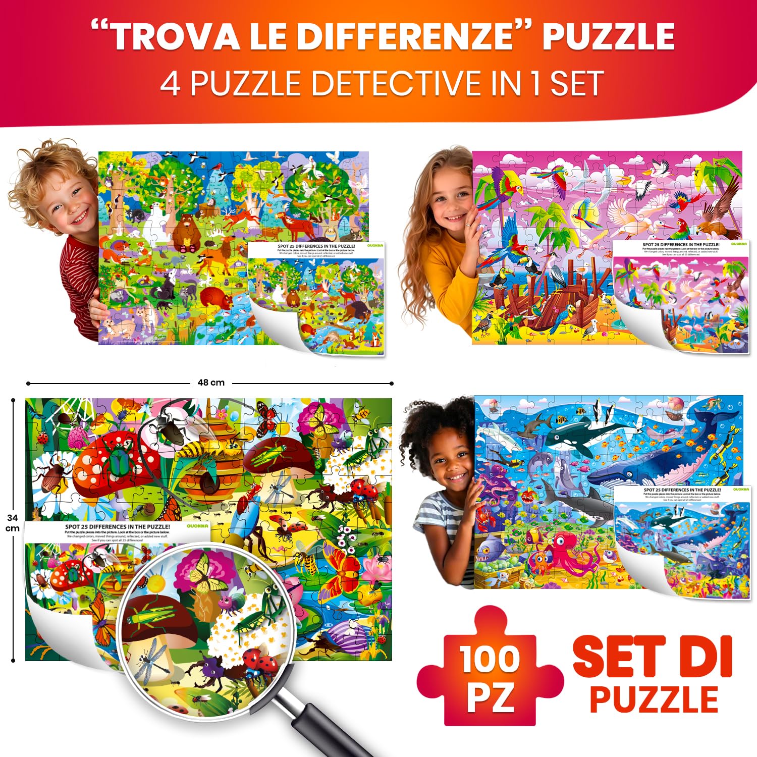 Puzzle da 100 Pezzi per Bambini 3 4 5 Anni - Set di 4 Puzzle da Pavimento Giganti - Impara Animali e Insetti della Foresta Oceanica - Giocattoli Educativi per Ragazzi e Ragazze dai 6 ai 7 Anni