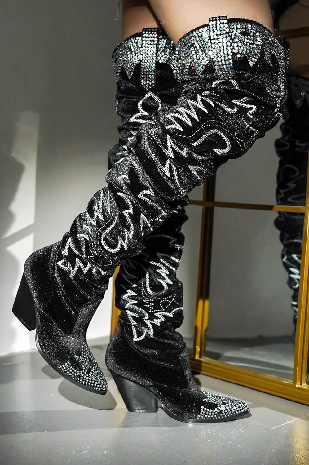 Cape Robbin Women's Rhinestone Embroidered Cowboy Boots Thigh High Slouchy Wide Calf Pull On Over The Knee Boots with Memory Foam Insole & 3 Inch Heel (Lish.a) - Image 3