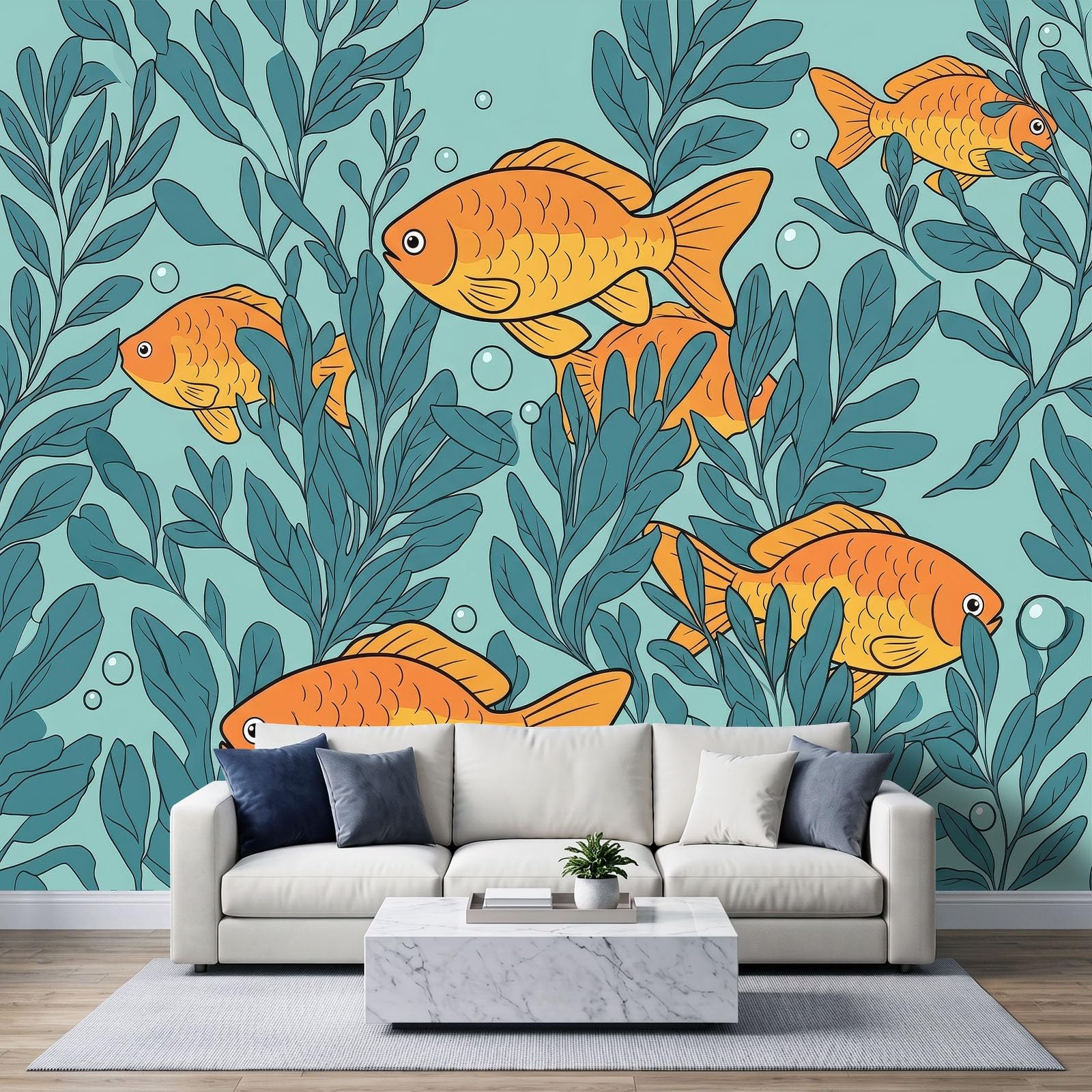 Générique 200 x 140 cm Panoramiczna tapeta akwarela Ryby Rośliny Wodne 3D Projekt ścienny, dekoracja ścienna do zdjęć, tapety z włókniny dekoracja ścienna salon sypialnia, niebiesko-zielony