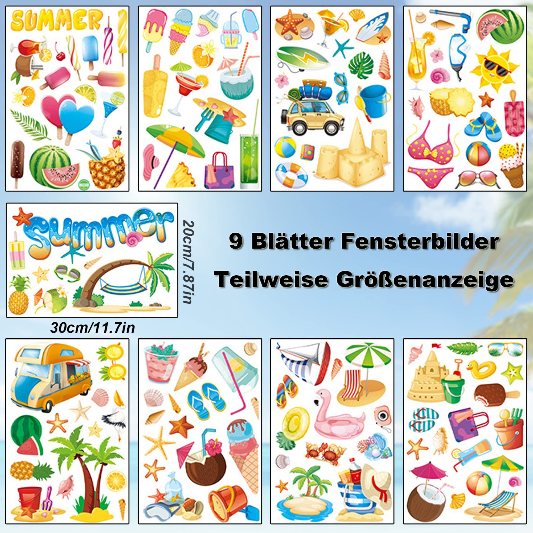 Raamstickers, 9 vellen, voor de zomer, zelfklevend, herbruikbaar, strand, zwembad, party, voor raamdecoratie