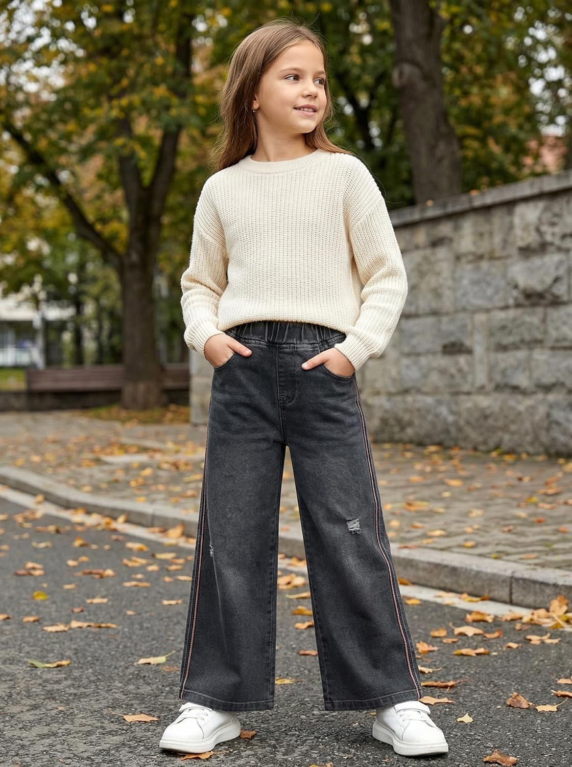 SELINK Girls Wide Leg Jeans Elastic Waistband Distressed Denim Pants with Side Stripes for Kids 6-15 Years