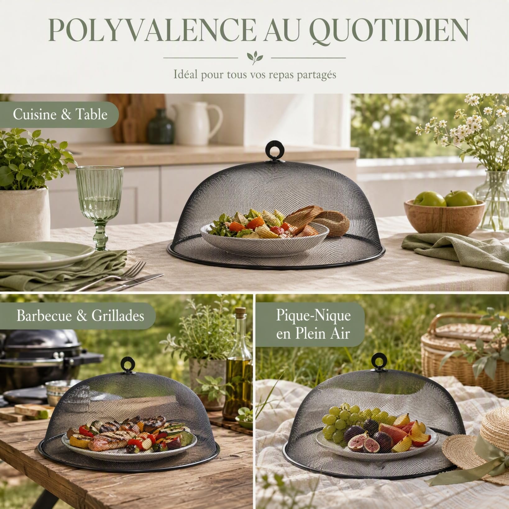 Toyvian - Campana de comida de metal redonda (40 Cm, tapa de malla metálica negra, protección antiinsectos, reutilizable, cocina y comidas al aire libre, tapa de plato versátil