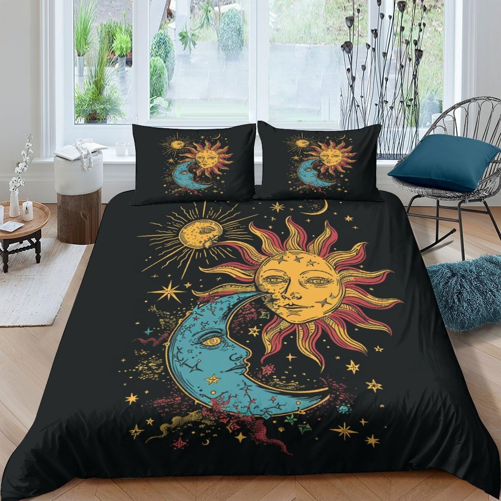 Housse de couette 220x240 bohème avec impression numérique 3D soleil et lune