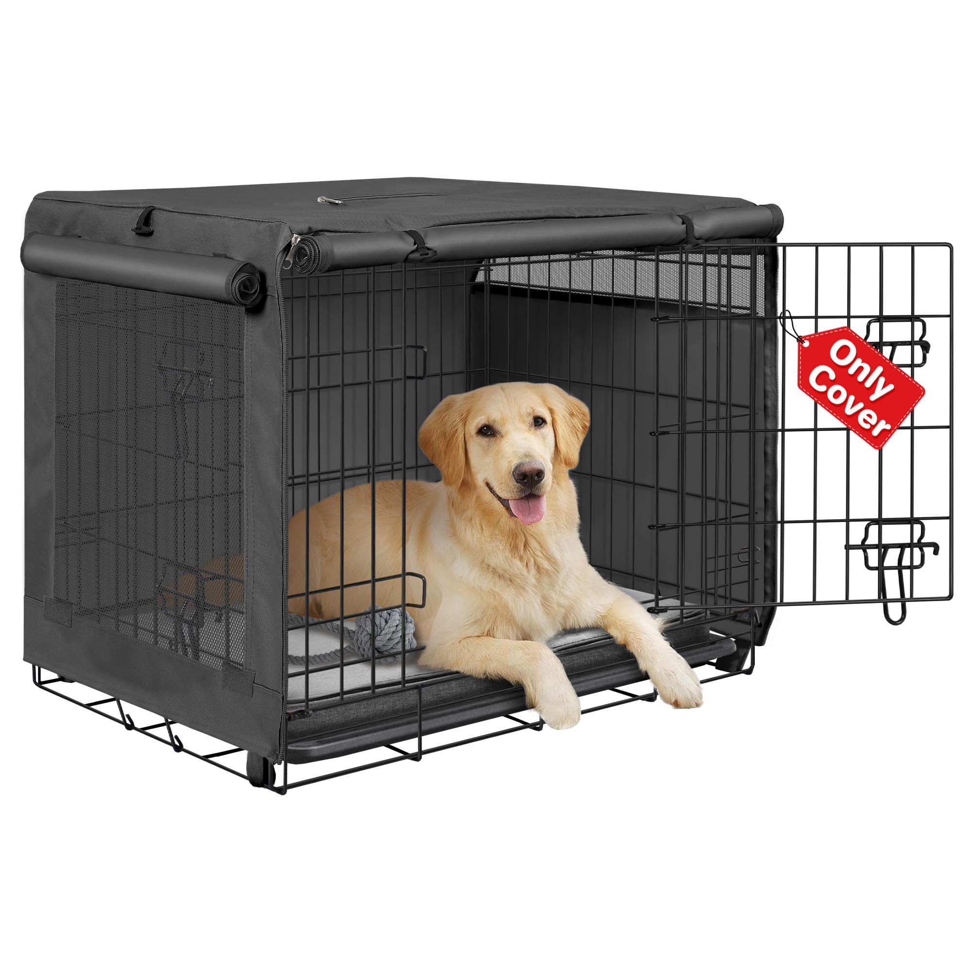 Seiyierr 48 Inche Dog Crate Cover, Double Door Dog Kennel Cover for Large Wire Dog Crate, Lightweight 600D Polyester Windproof Pet Crate Covers, Cover Only, Black