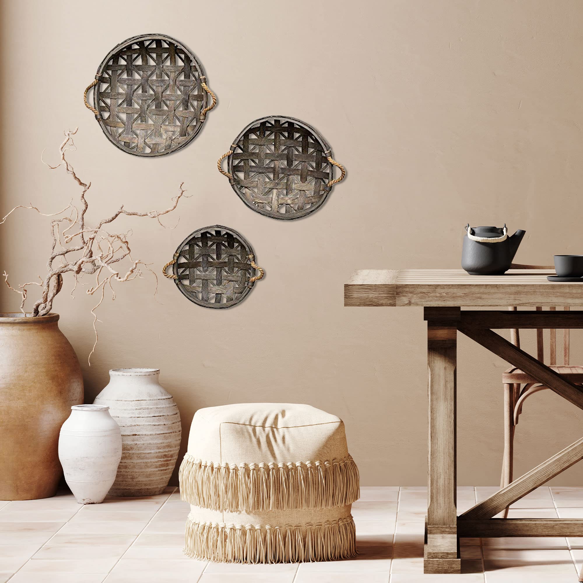 tobacco basket metal wall art Amazon.com - CWI Round Tobacco Basket with Metal Straps - Small, Medium,  and Large Hanging Basket for Wall Storage and Decorations - 3