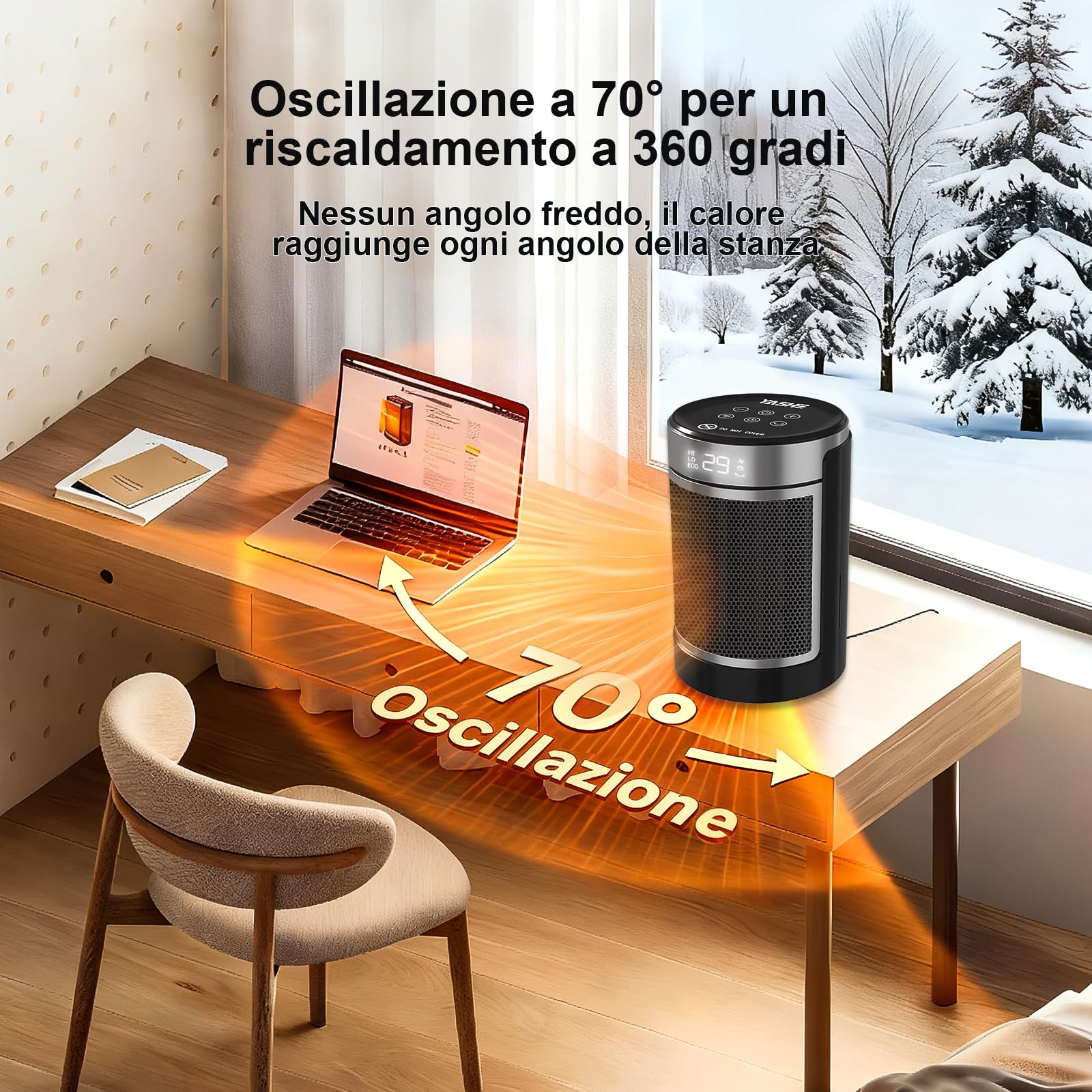 OSTBA Stufetta Elettrica Silenziosa 1500W, Riscaldatore Portatile a Basso Consumo per Camera da Letto e Ufficio, Stufa con Telecomando, ECO, Oscillazione 70°, Timer, Termoventilatore per Interni