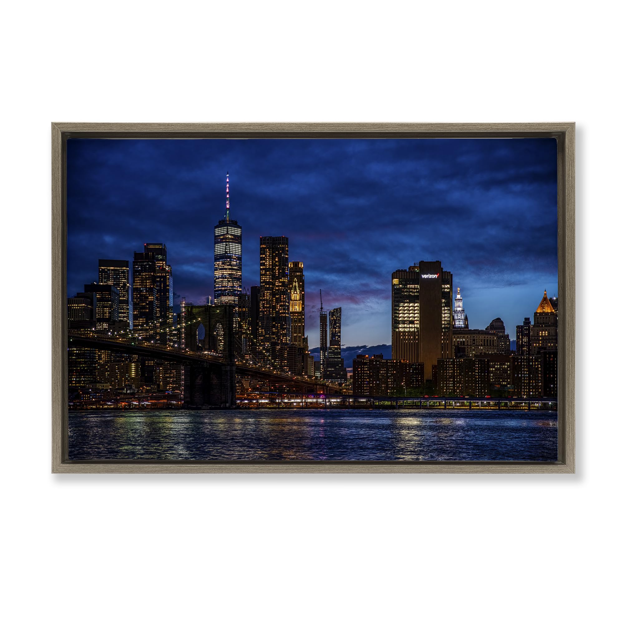 Stupell Industries 'Brooklyn Bridge at Night', Floating Frame Canvas Art, Brown, 25 x 17 Inches, Easy to Hang and Sturdy, Made in USA, by Tim West