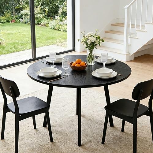 Karl home 35.4in Small Round Dining Table with Wood Finish Steel Legs, Circle Dinner Table for Small Space, Apartment, Office, Kitchen, for 2 to 4 Person - Black