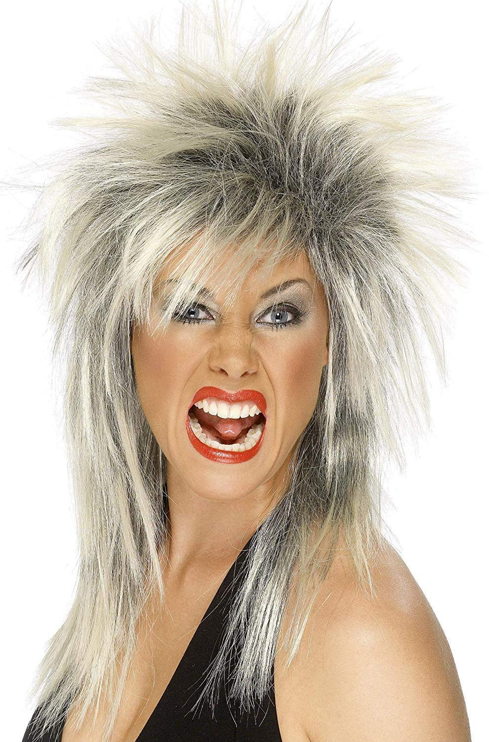 Smiffys Women's 80s Long Mullet Wig, Rock Diva Wig, Blonde and Black, One Size, 42239