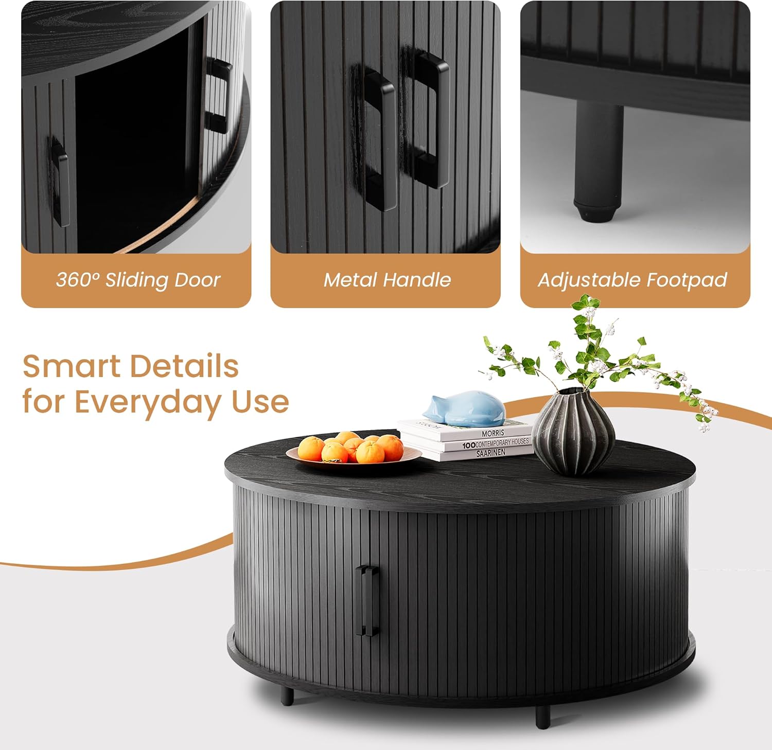 COSIEST Round Coffee Table with Storage, 31.5" Modern Black Coffee Table with 360° Sliding Door, Fluted Wood Accent Center Table with Adjustable Footpads for Living Room