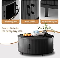 Vista 4 de COSIEST Mesa auxiliar redonda con almacenamiento, mesa de centro negra moderna de 31.5 pulgadas con puerta corredera de 360°, mesa central de madera