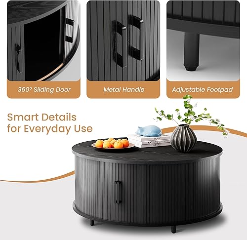 Miniatura 4 de COSIEST Mesa auxiliar redonda con almacenamiento, mesa de centro negra moderna de 31.5 pulgadas con puerta corredera de 360, mesa central de madera