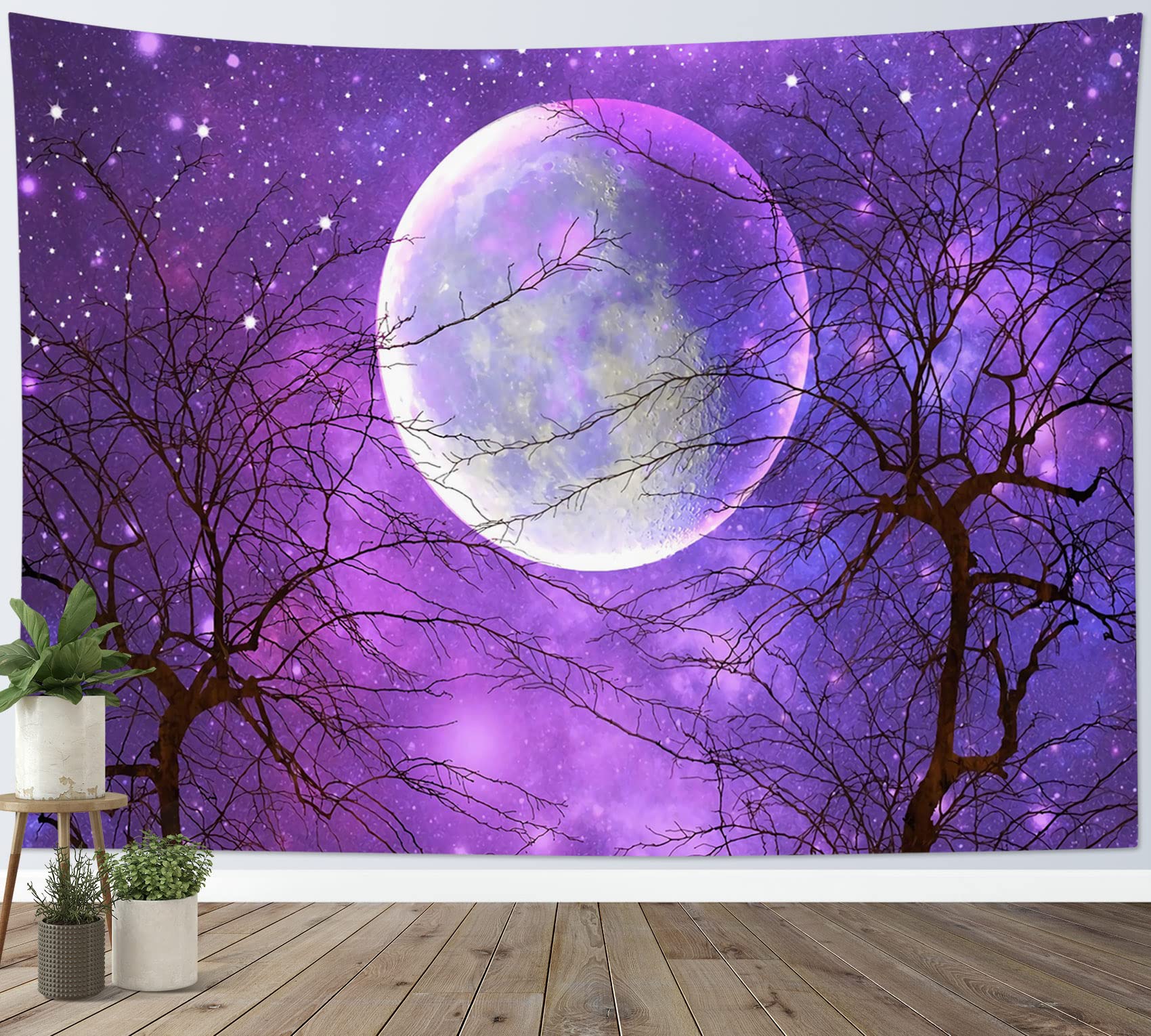 LB Purple Galaxy Tapestry Black Trees under Moon Tapestry Wall Hanging Fantasy Starry Sky Tapestries for Living Room Bedroom Dorm Wall Decor,59x39 inch