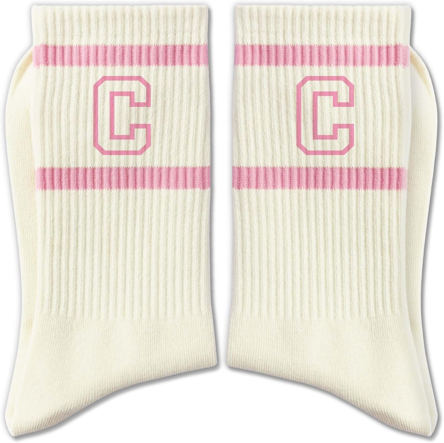 Pink and White Striped Crew Socks with the Letter, Classic Varsity Sports Style Monogram Socks