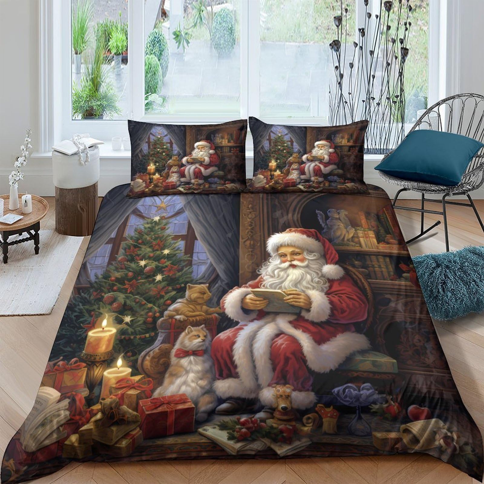 Ctjqhvkz Style-7 3D Printed Christmas Santa Fitted Sheet Microfiber Soft Candle Tree Mattress Cover For Bedroom Dorm Guest Room Decor Single（135X200cm）