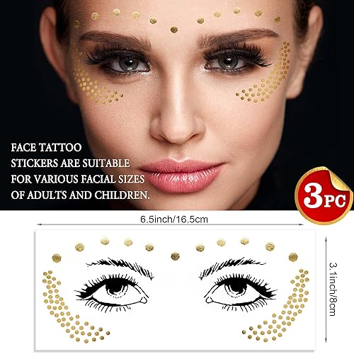 Miniatura 2 de 3 hojas de pecas cara metálica tatuaje adhesivo  ojo dorado purpurina temporal transferencia de agua tatuaje maquillaje profesional bailarina