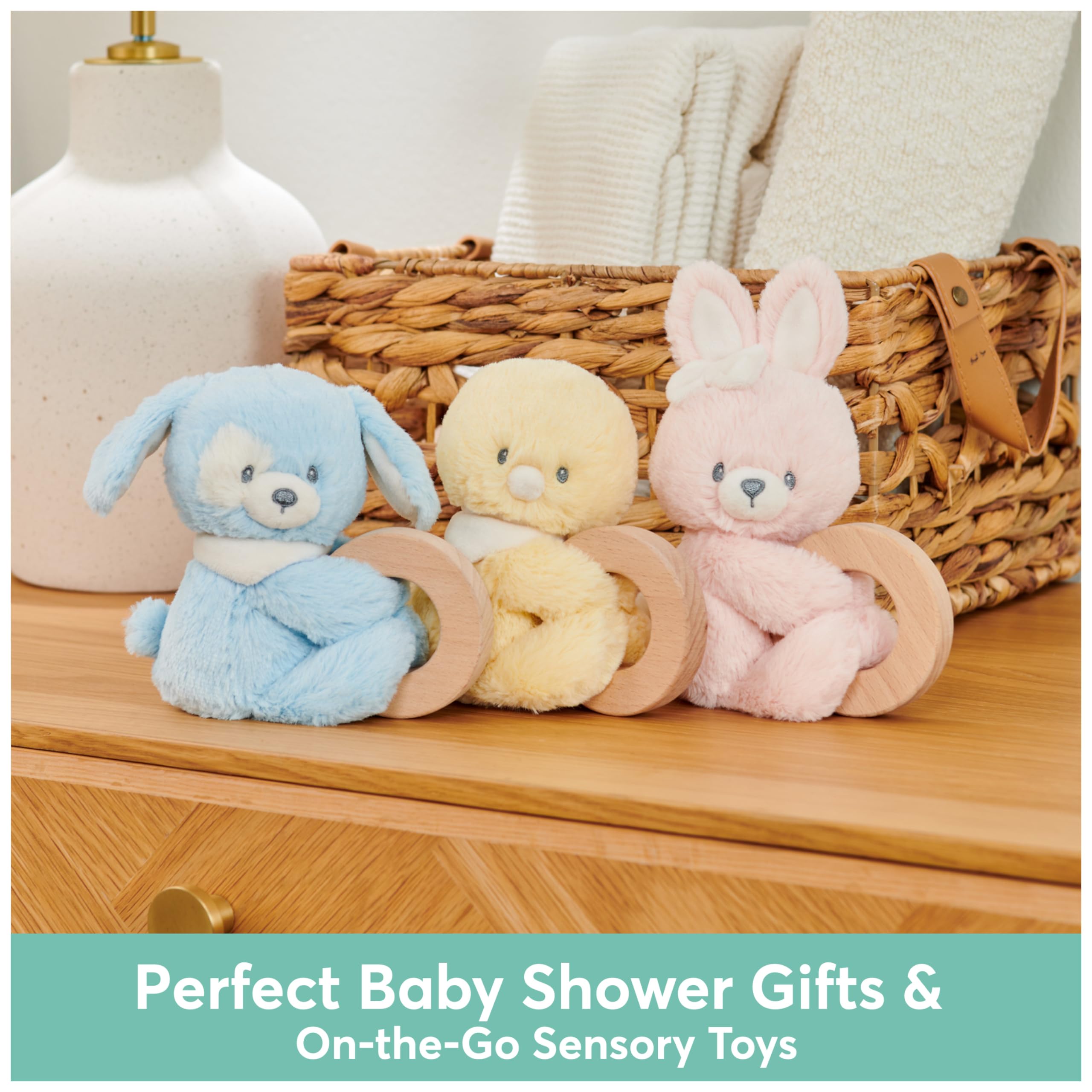 GUND Baby Sustainable grzechotka dla szczeniaka, wypchane zwierzę, pluszowa wykonana w 100% z pluszowych materiałów pochodzących z recyklingu, drewniana grzechotka dla niemowląt i noworodków