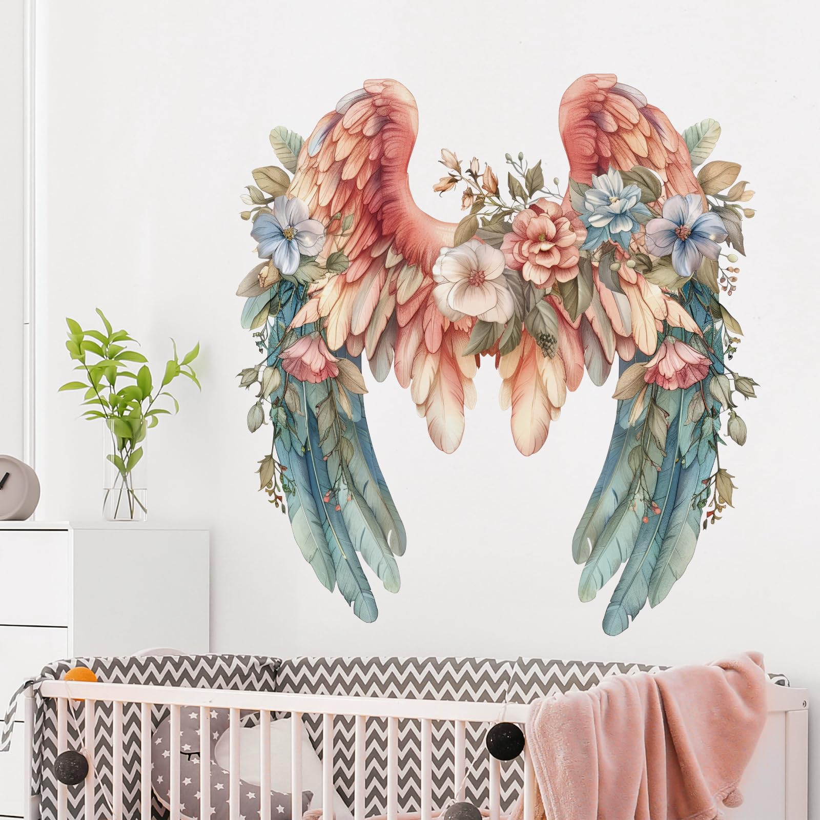 DRWSSR Angel Wings Wall Decals - Large Colorful Flower & Wings Decals, Removable DIY Vinyl Fashionable Wall Art Murals for Girls, Baby, Kids Bedroom,