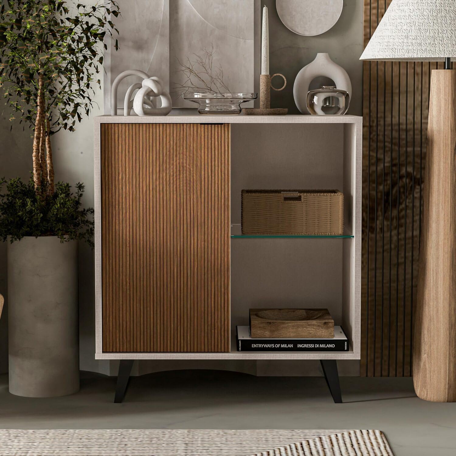 HomeStock Farmhouse Fresh Sideboard, Storage Cabinet with Soft Close Doors, Dining Room, Console Table, Credenza, Accent Cabinet, 36 X 36 X 18 Inches with Sturdy Metal Legs 1 Door/Cotton and Wood