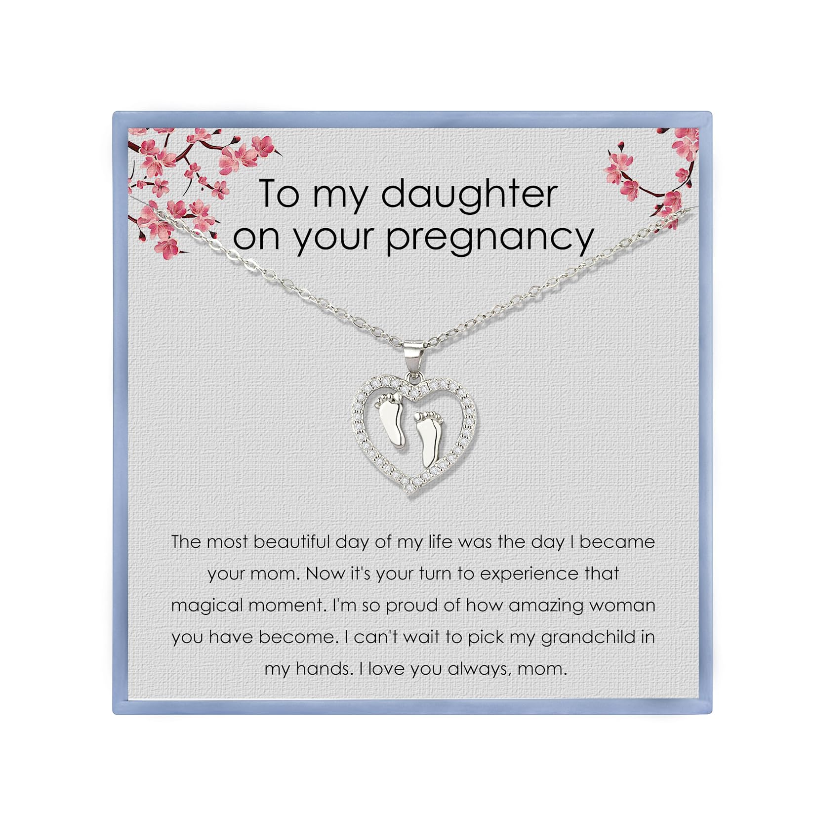 Daughter Pregnancy Gift for Daughter New Mom Gifts First Time Mom Gifts Sterling Silver Rhinestone Heart Feet Necklace Gift for Mothers Day