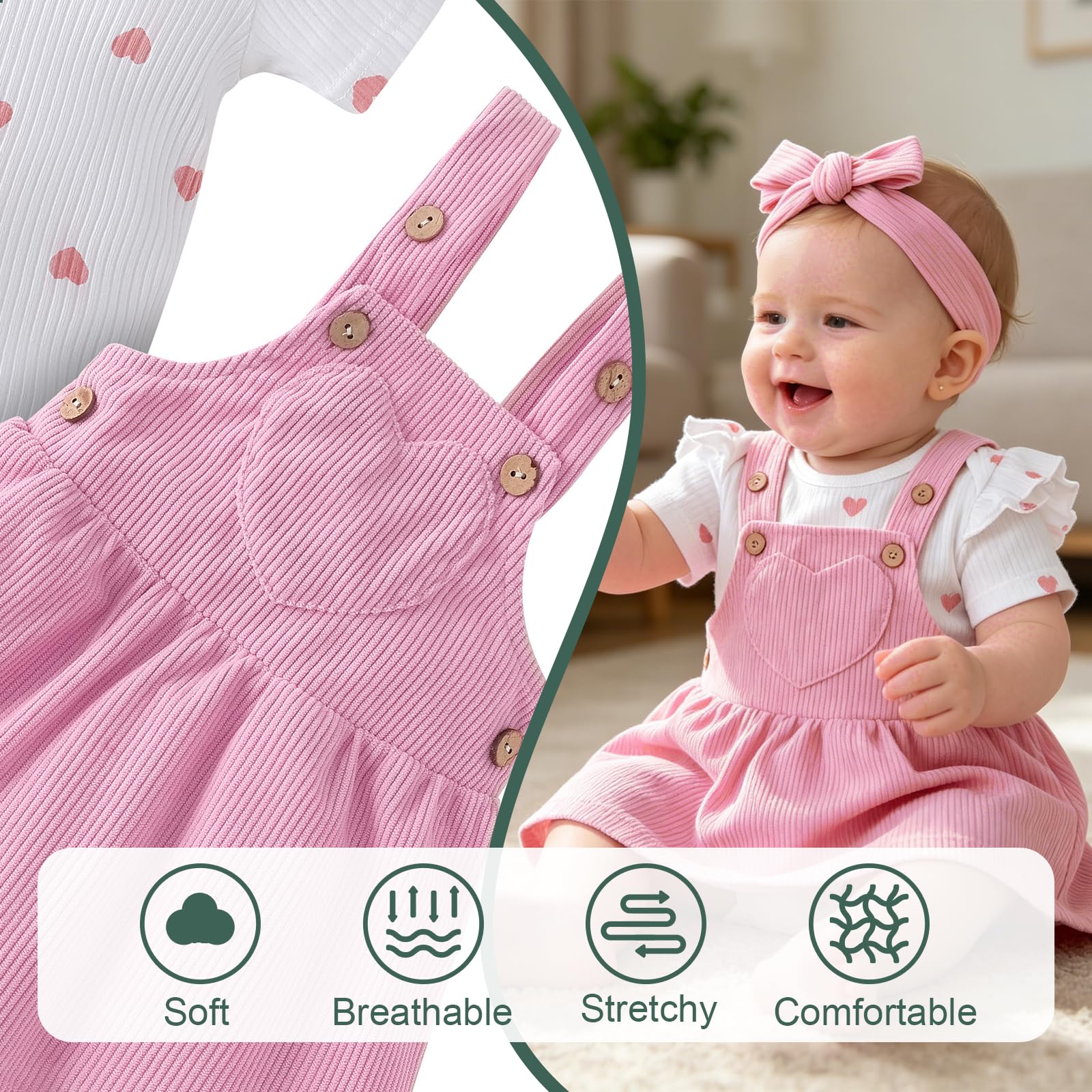 Vestiti Neonato Femmina Estivo Body Neonata Maniche Corte + Gonna a Bretelle Regolabile + Fascia per Capelli Completo Abbigliamento Bimba Tutina Neonato 0-18 Mesi Femmina Regalo Neonata