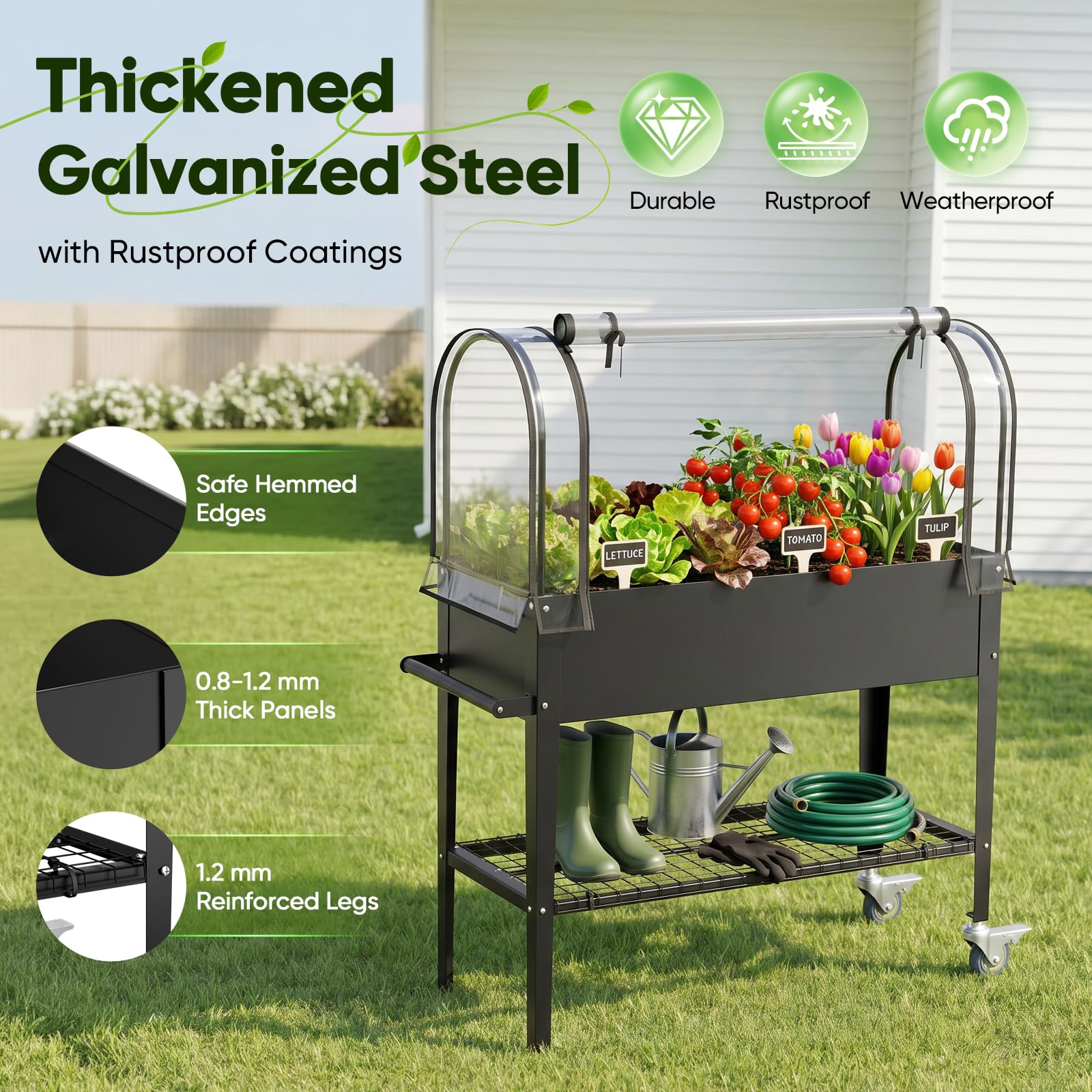 Orto Rialzato con Copertura per Serra in PVC, Fioriera Rialzata in Acciaio Zincato da 82,7 L, Altezza 79 cm, 2 Ruote con Freno, Ripiano e Attrezzi da Giardino, 111 x 57 x 120 cm