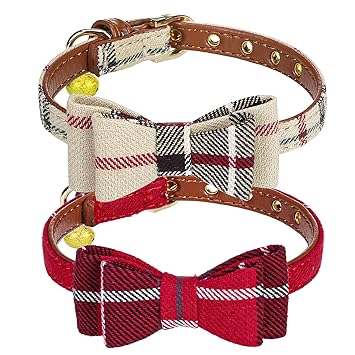 2 Pack Dog Collar with Bell - Plaid Small Dog Collar Charm Adjustable Bowtie Soft Leather Cat Collar for Kitten and Puppy