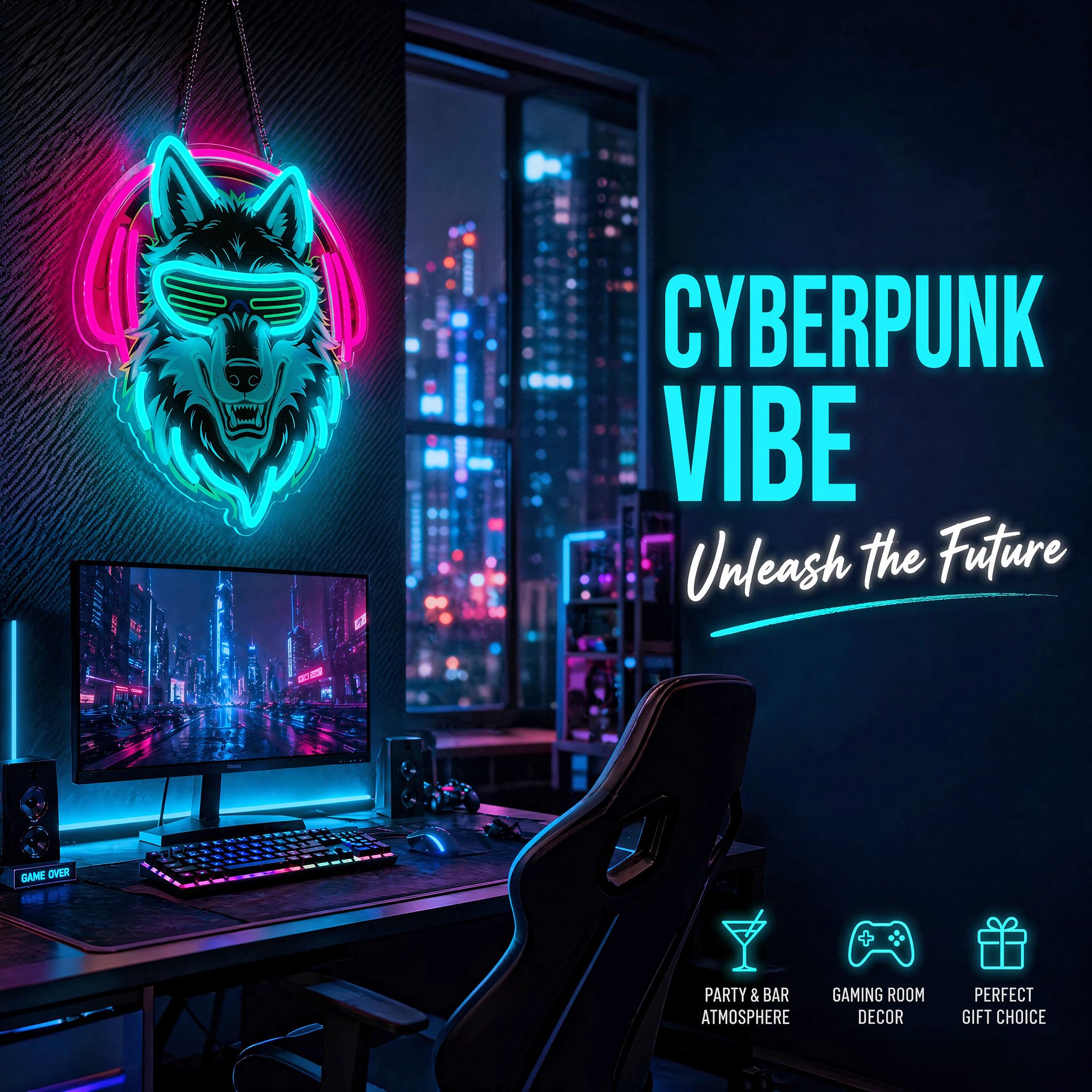 Wolf Neonschild, 36,6 x 32 cm, dimmbar, LED-Wolf-Neonlicht mit Kopfhörern und Sonnenbrille, USB-betriebenes Gaming-Neon-Wanddekor mit 10 Helligkeitsstufen, rosa & eisblau, Neonschild für Spielzimmer
