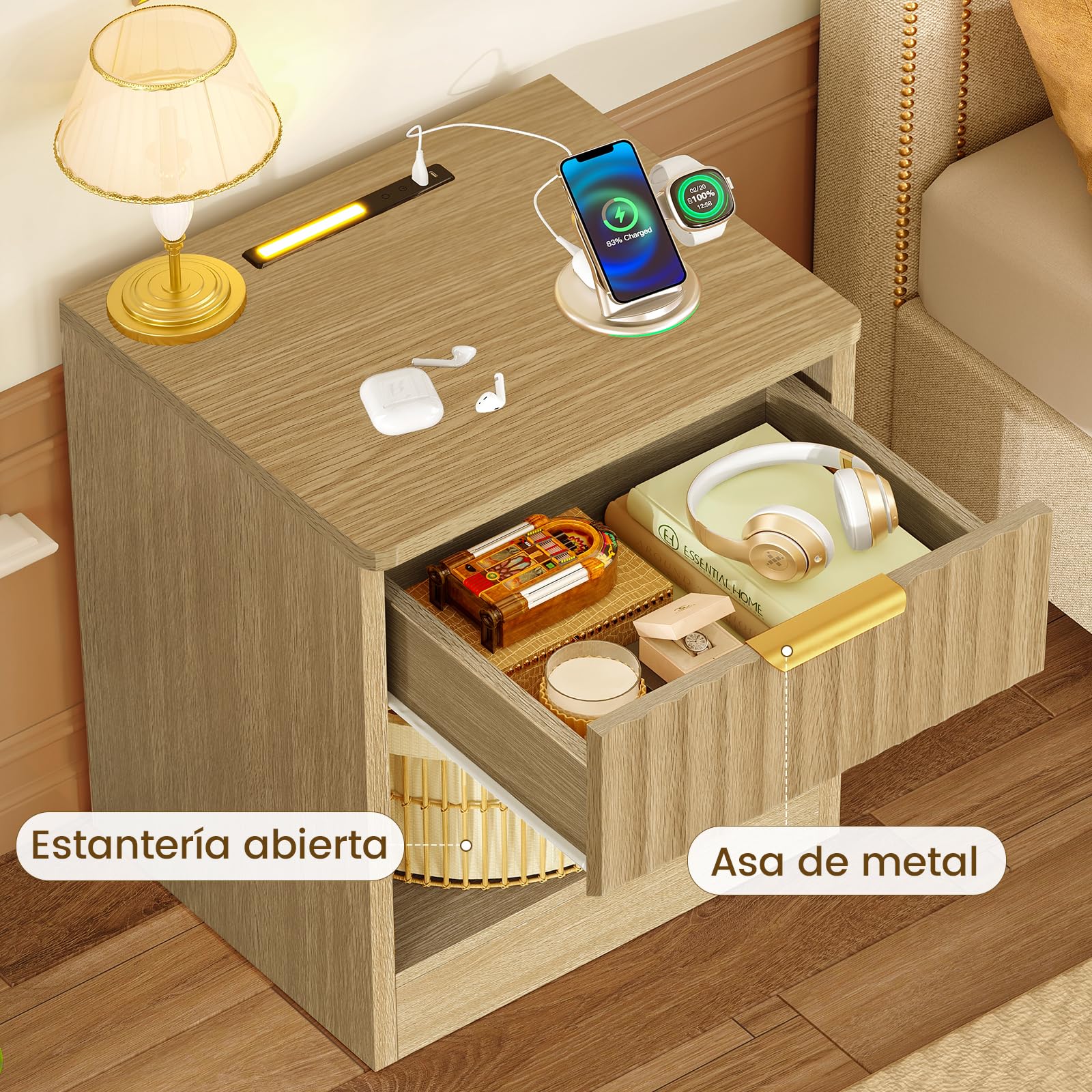 TEENFON Juego de 2 Mesitas de Noche Acanaladas con Enchufe y USB, Mesa Auxiliar con Luz LED, 1 Cajón y Compartimento Abierto, para Dormitorio, Madera Natural