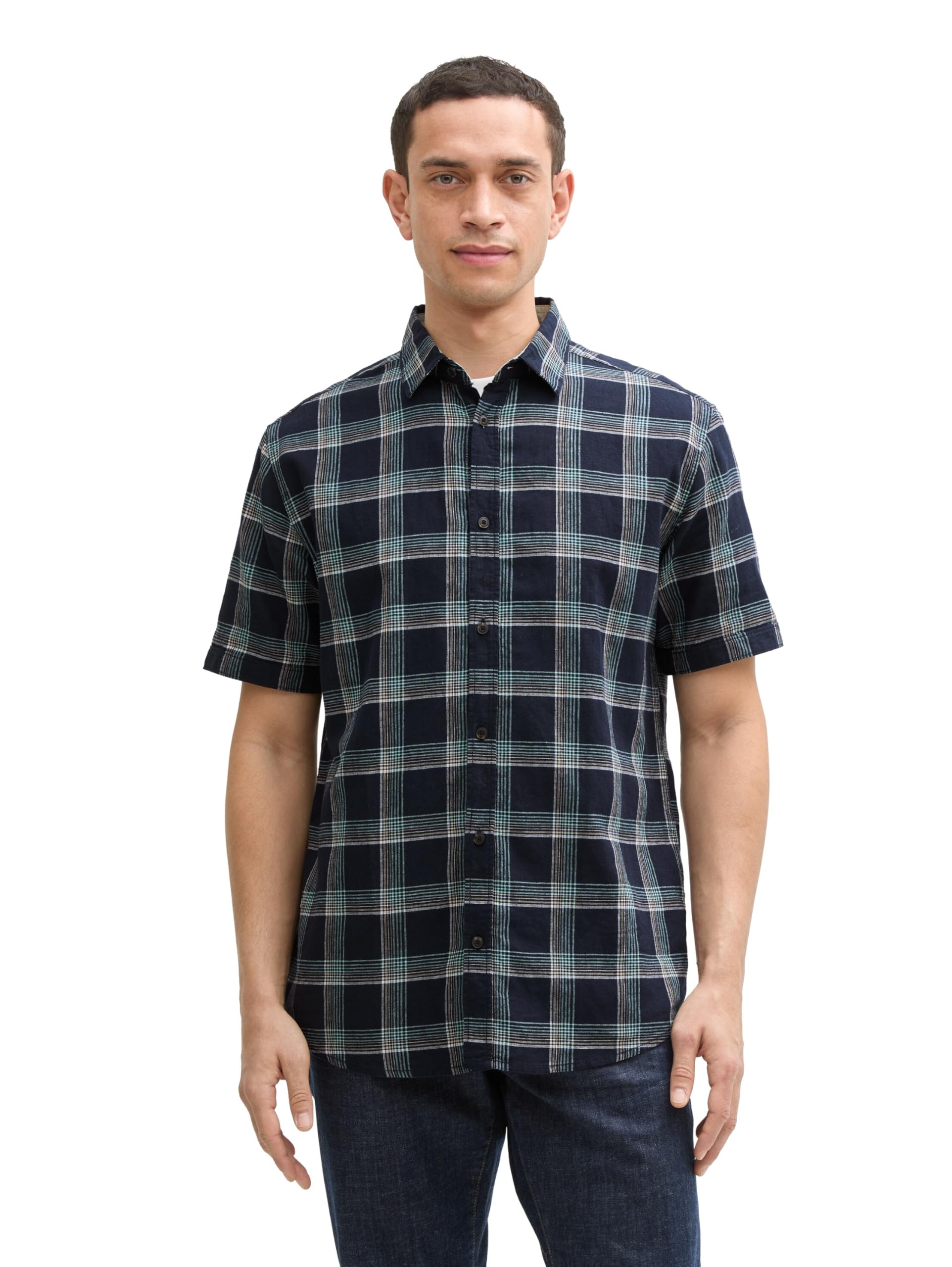 Tom Tailor Herren Regular Fit Kurzarmhemd mit Leinenanteil
