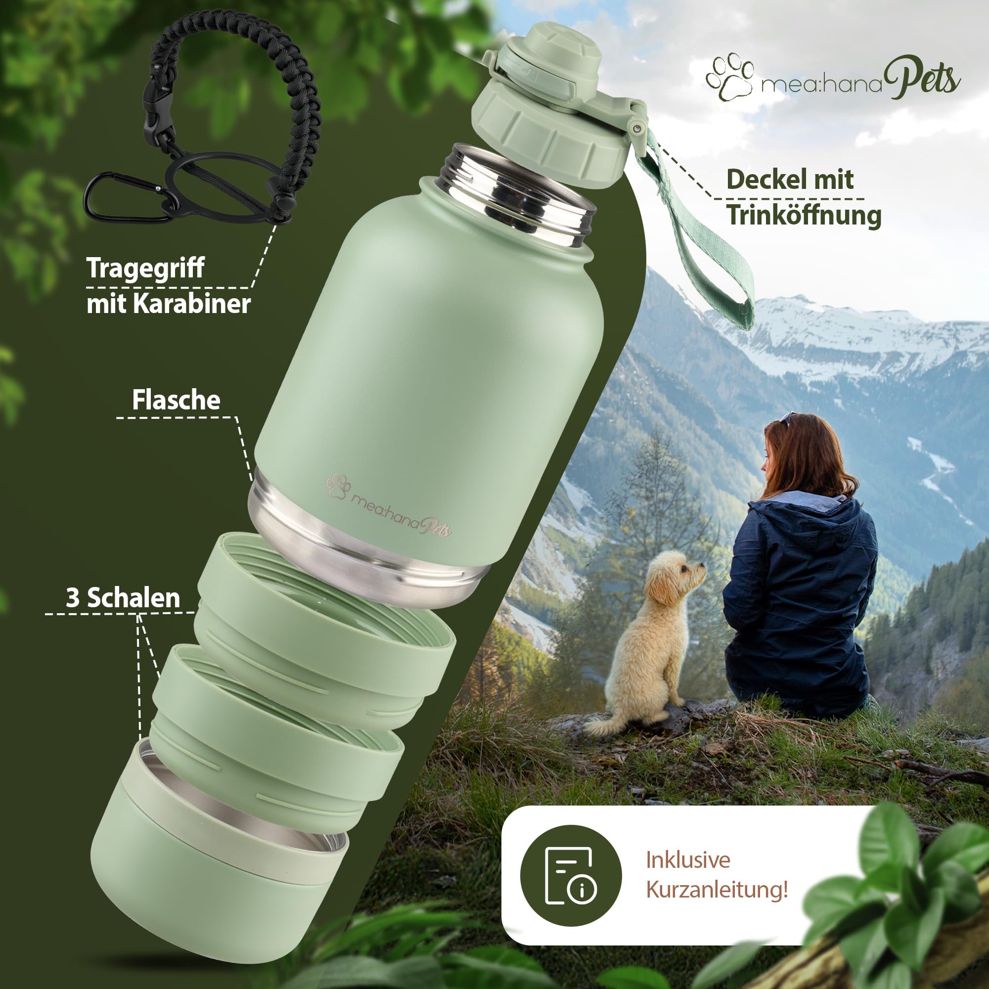Hondendrinkfles 950ml, geïsoleerde RVS fles met 2 voerbakken en Hondendrinkfles 950ml, geïsoleerde RVS fles met 2 voerbakken en