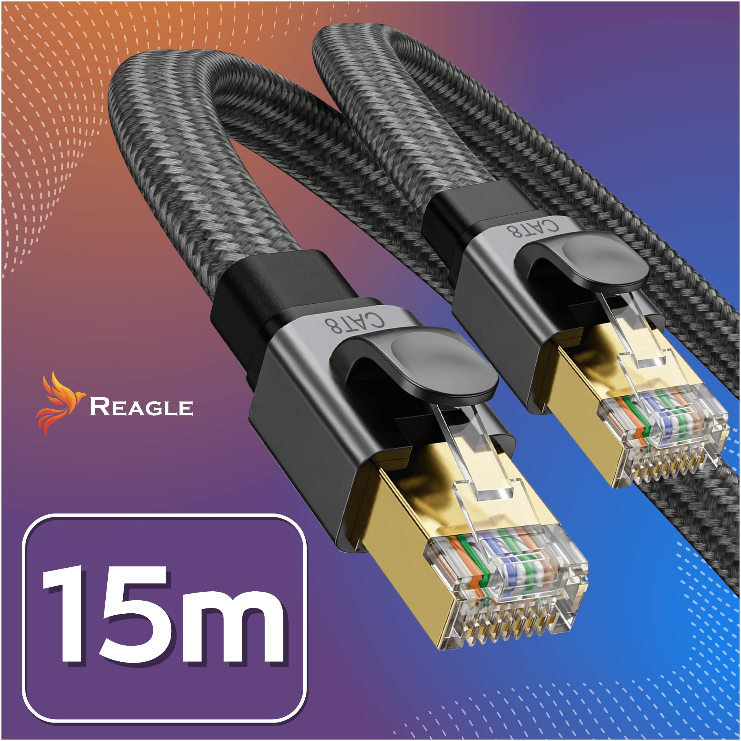 Reagle Câble Ethernet Cat 8 RJ45-15M Plat 40 Gbit/s 2000 MHz – Câble Réseau LAN Internet Blindé avec Gaine Nylon Tressé Connecteurs Dorés pour Routeur Modem Switch PC PS5 Smart TV