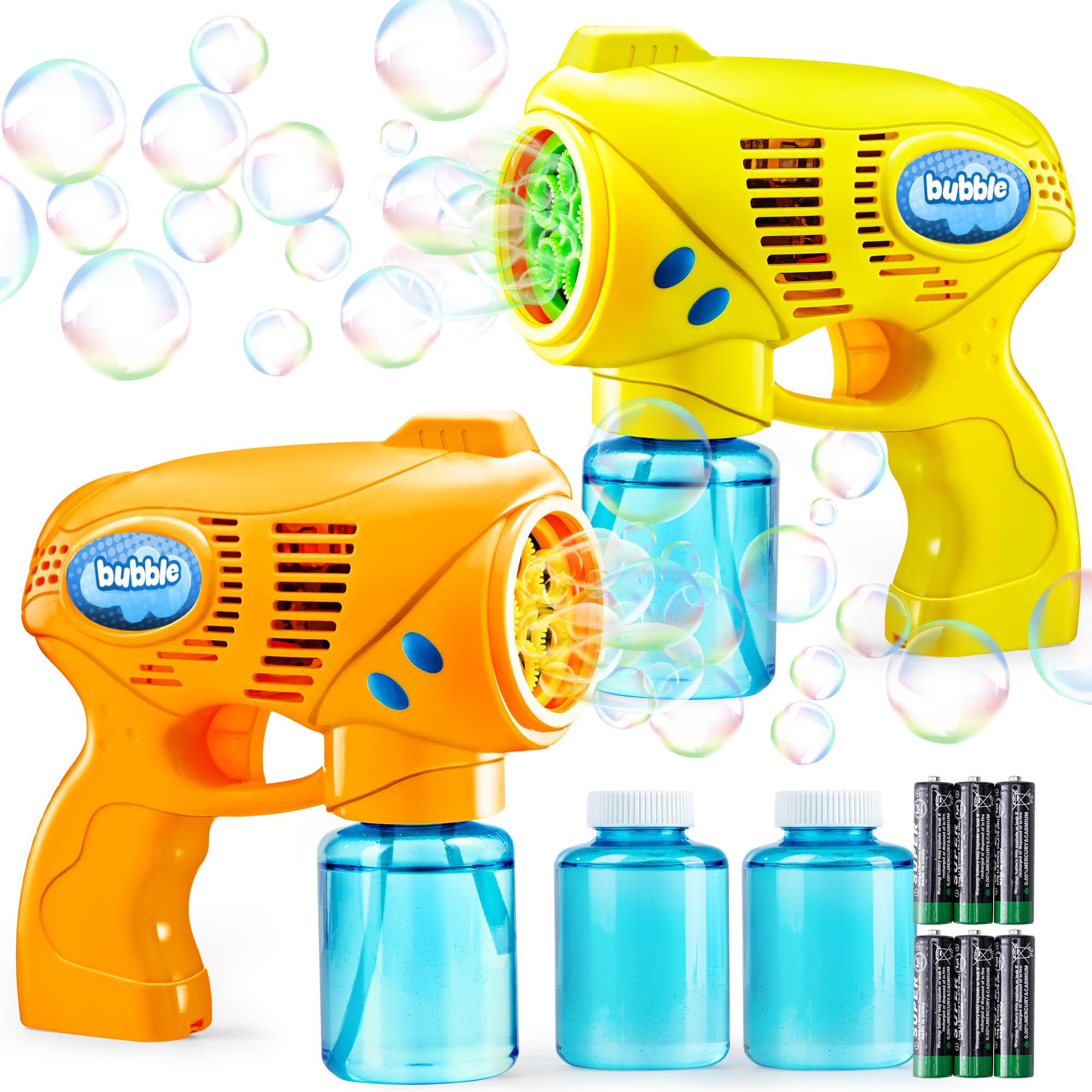 JOYIN 2 Bubble Guns with 2 Refill Solution (10 oz Total), Bubbles Maker, Blower for Kids, Toddlers, Outdoors Activity, Birthday Gift, Easter Basket Stuffers (Yellow+Orange)