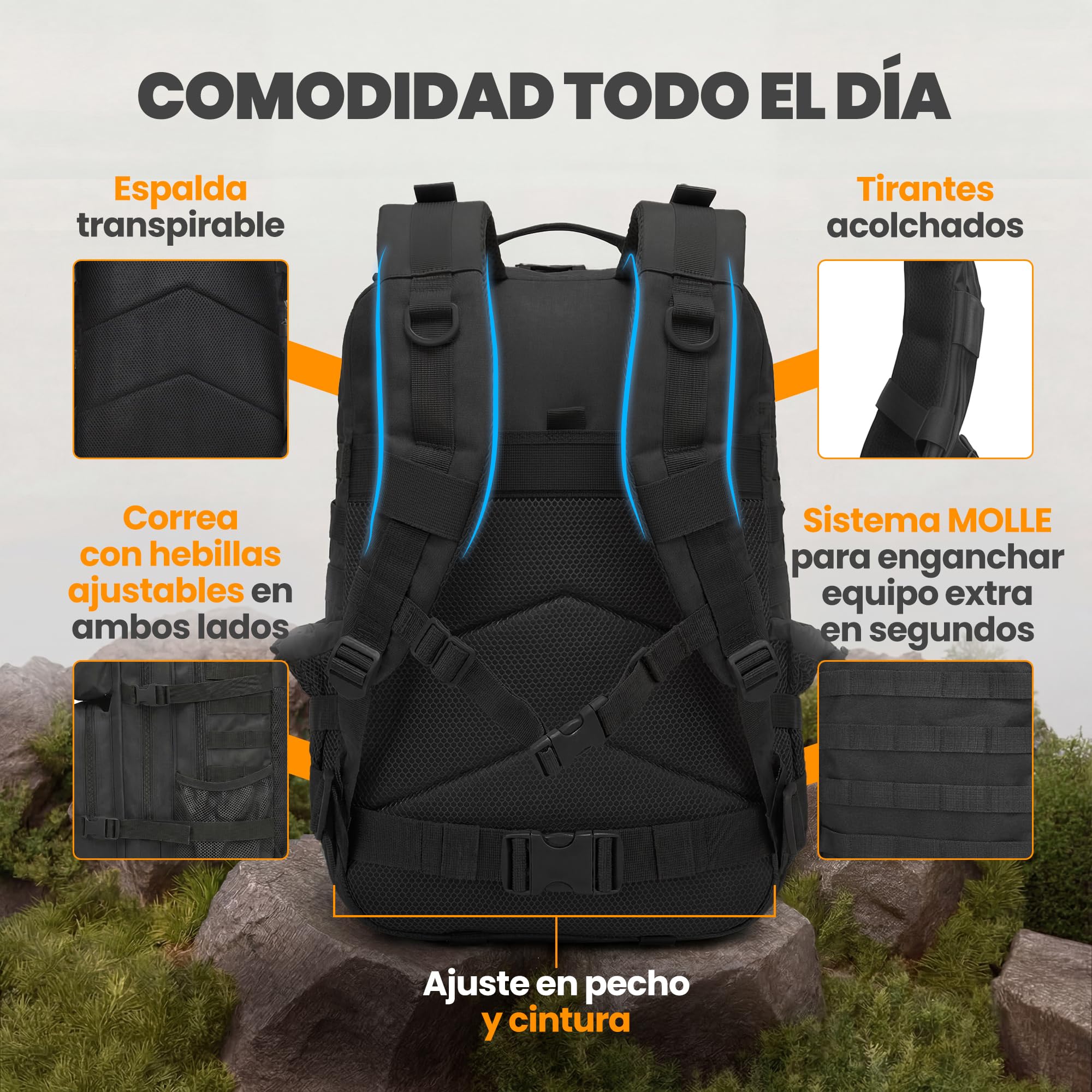 unycos - Mochila Táctica Militar【45L】con Sistema Molle y Bolsillos Laterales, Tela Oxford 900D Resistente, Bolsillos para 3 Días de Emergencias, Caza, Senderismo, Viaje, Crossfit, Gimnasio (Negro)