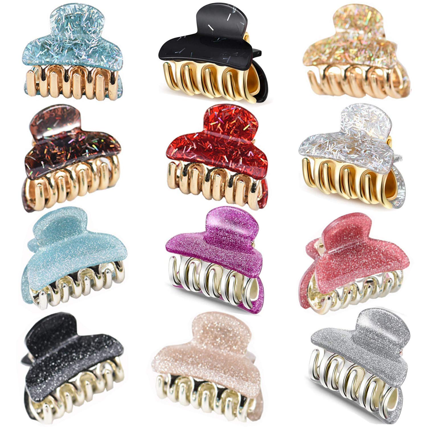 12 Pieces Small Plastic Hair Claw Clips Sequins Acrylic Hair Jaw Clip Colorful Mini Hair Barrette for Girls and Women
