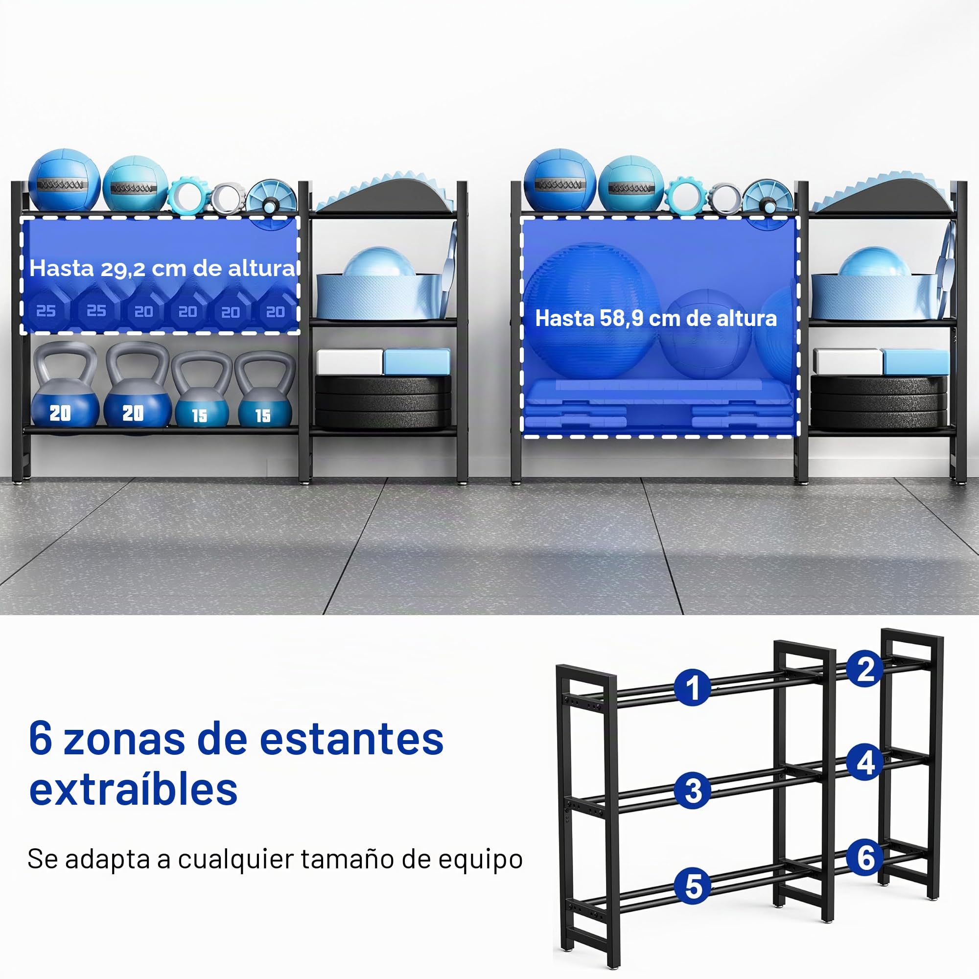 Soporte ajustable de mancuernas con tres pisos, 127 cm, ajustable