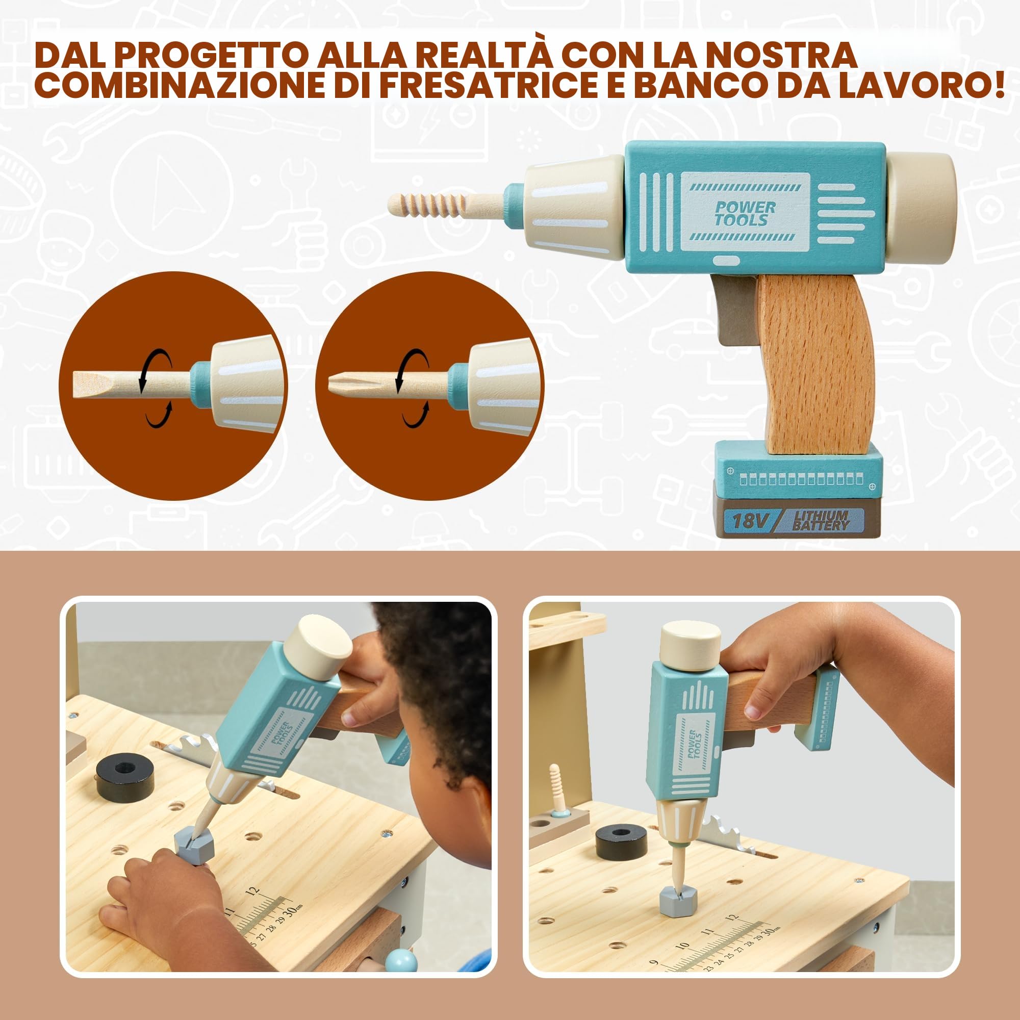 Set di attrezzi per bambini, strumenti in legno panca con grembiule per bambini giocattolo banco da lavoro con strumenti realistici trapano elettrico STEM BAU giocattoli regali per età 3-9 ragazzi
