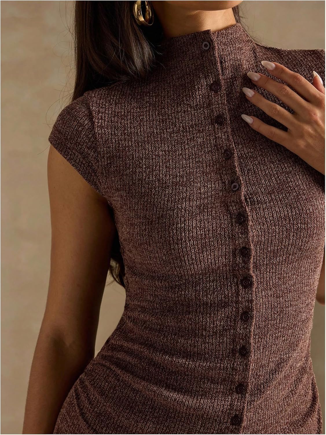 Milumia Women's Knit Mini Dress Mock Neck Button Up Cap Sleeve Bodycon Dresses Western Outfit - Image 4