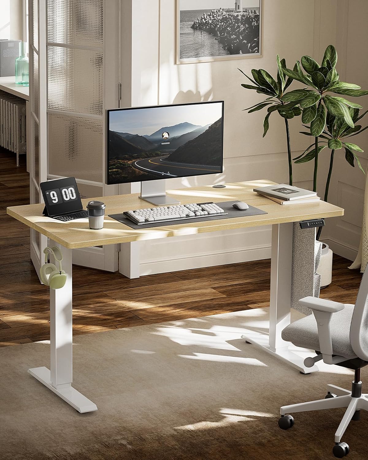 Marsail Standing Office Desk,Adjustable Heights,Stand Up Desk,55x28 Inches Desktop Sit Stand Home Office Gaming Computer Desk with 4 Memory Presets,Headphone Hook,Cable Organizer, Maple Maple 55x28" Modern