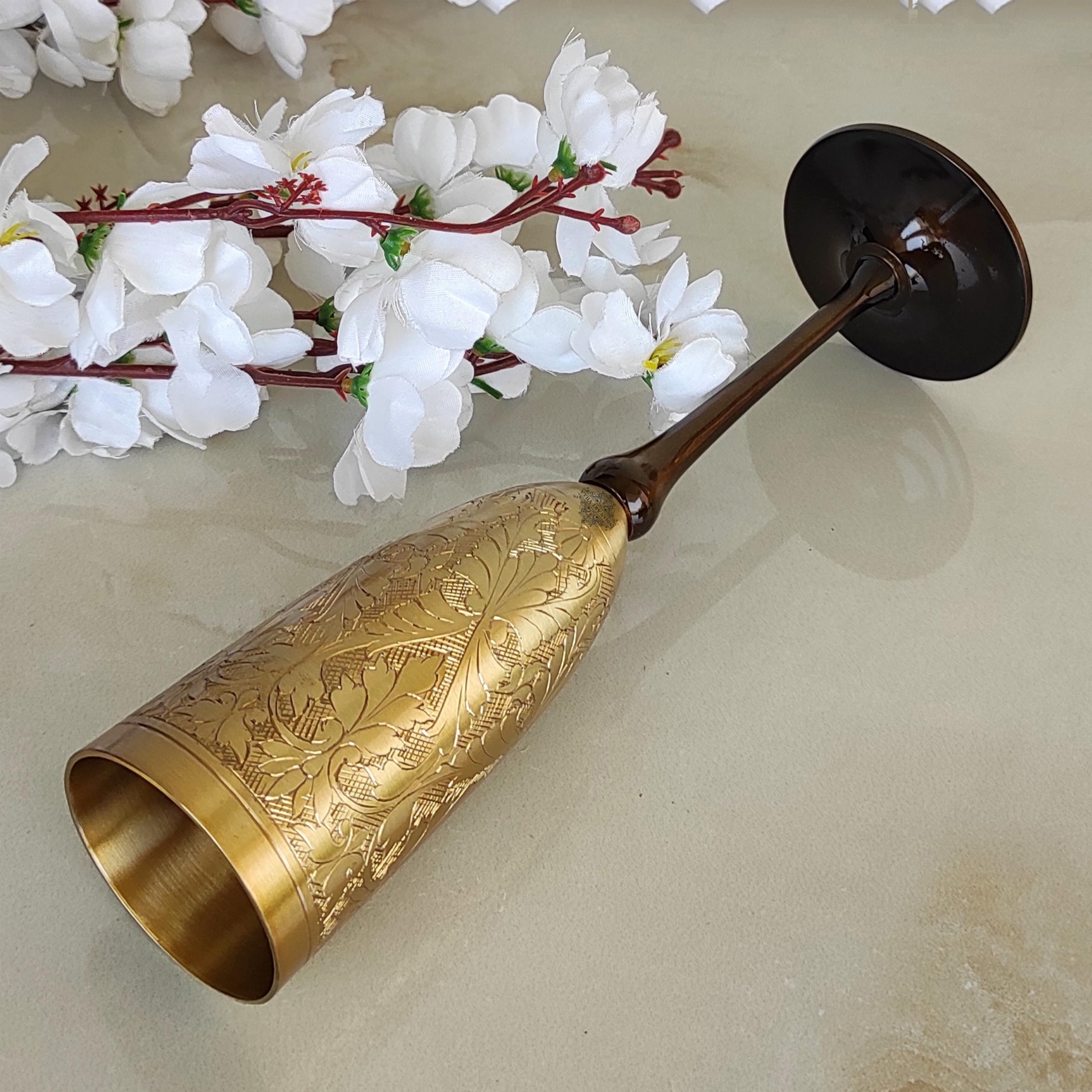 INDIAN ART VILLA Brass Matt Finish Embossed Design Flute Champagne Glass, Bareware, Bar Accessories & Tools for Bars, Catering Venues, Home, Office, Party, Hotels, Volume- 200 ML, Set of 2 4