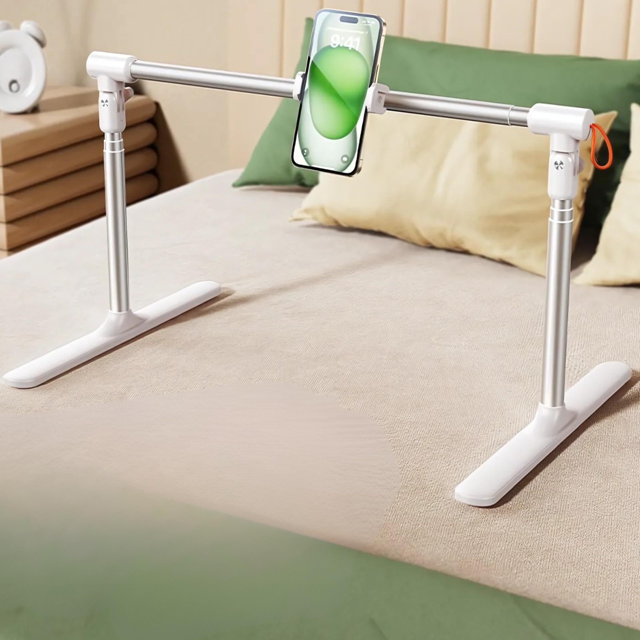 adjustable phone holder stand with long bed mount, flexible gooseneck clamp for bed desk table, compatible with mobile (phone_holder)