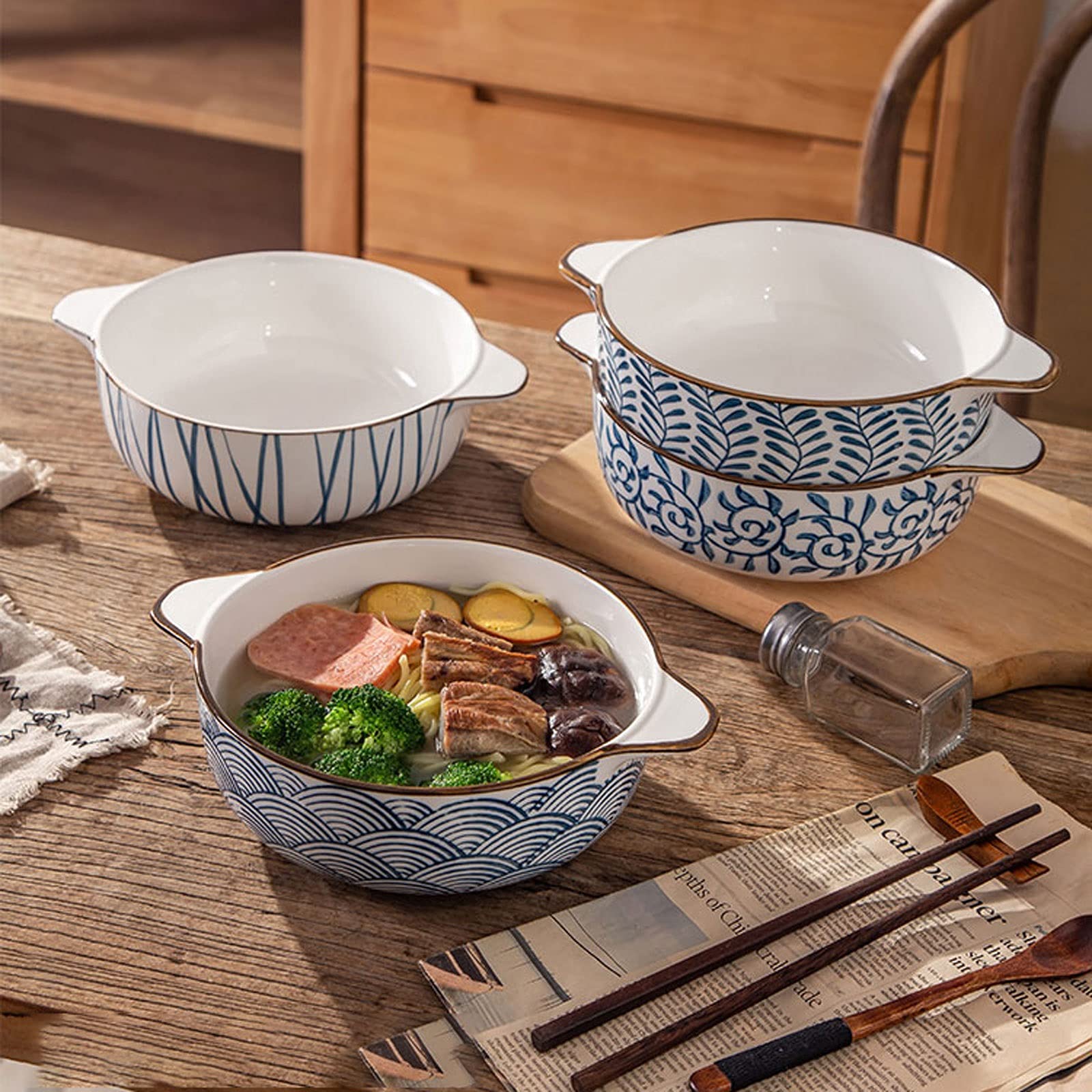Miski do kuchni Ceramiczna salaterka 2-częściowy zestaw 17 uncji może zachodzić na uszy z wykwintnym designem Porcelanowy zestaw misek kuchennych z makaronem żaroodpornym Ceramika na przekąskę, deser