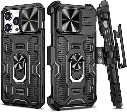 VEGO Armor - Funda para iPhone 15 Pro Max 5G 2023, funda de cámara deslizante y funda de clip para cinturón y soporte magnético de 360 con anillo de