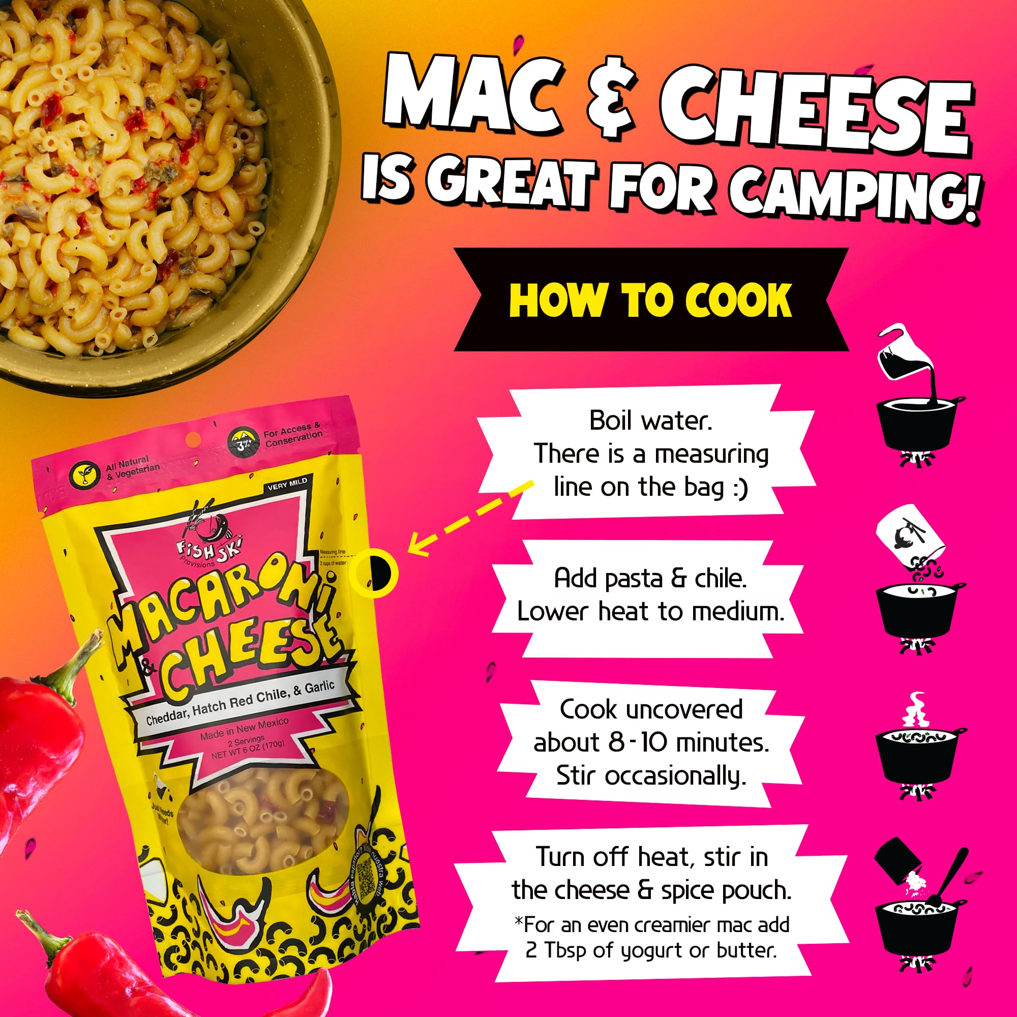 Fishski Easy Prepare New Mexico Hatch Red Chile Macaroni and Cheese with Cheddar (2 x 6oz Packs) 170g Each