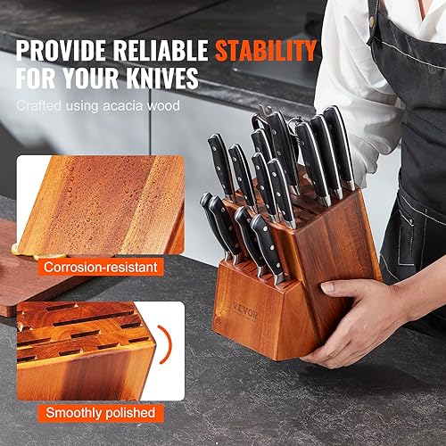 Miniatura 4 de VEVOR Bloque de almacenamiento de cuchillos, 25 ranuras de madera de acacia, soportes universales para cuchillos sin cuchillos, organizador de
