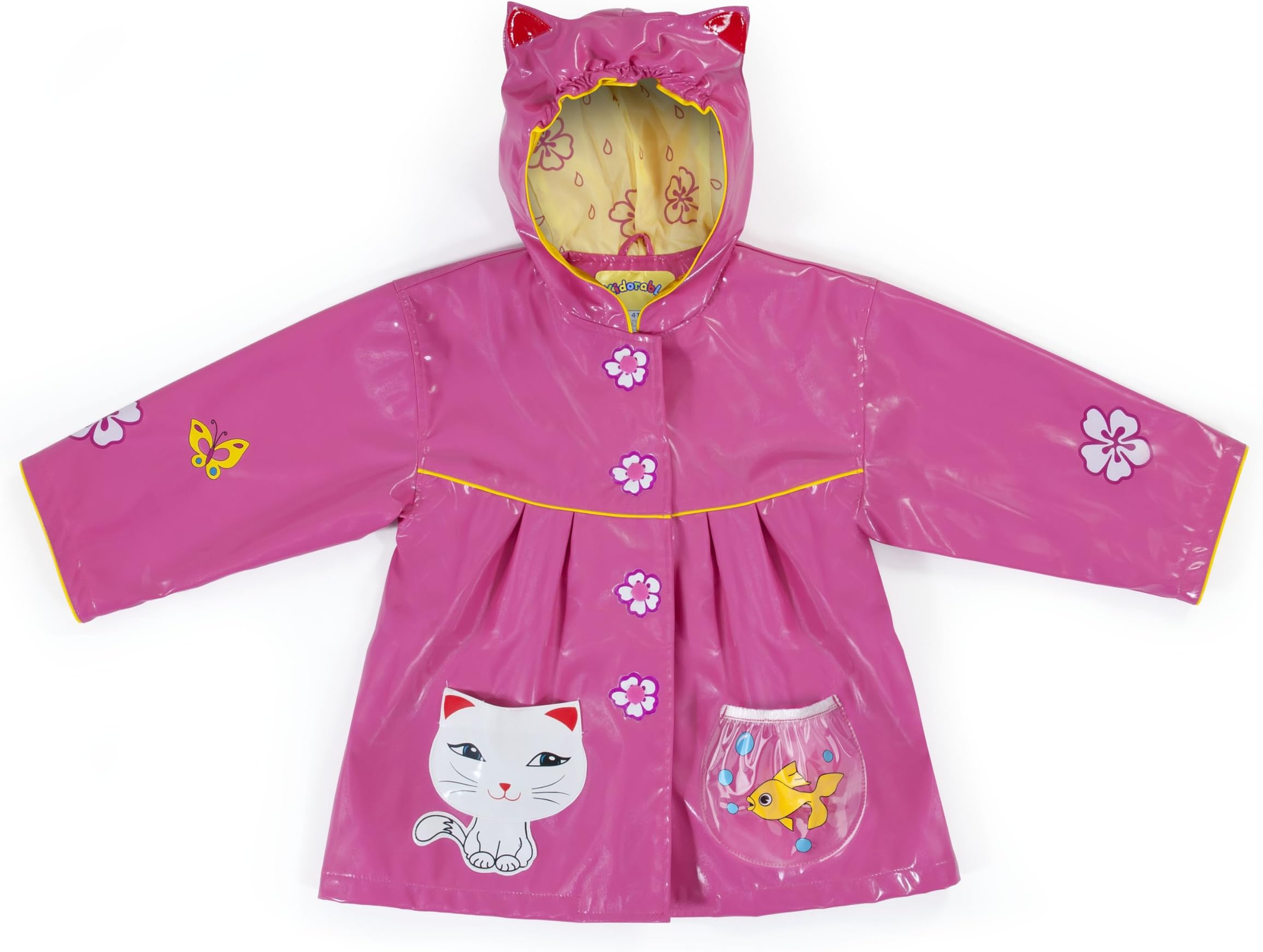 Kidorable Pink Lucky Cat PU All-Weather Raincoat for Girls w/Fun Ears, Flowers, Fish Bowl Pocket