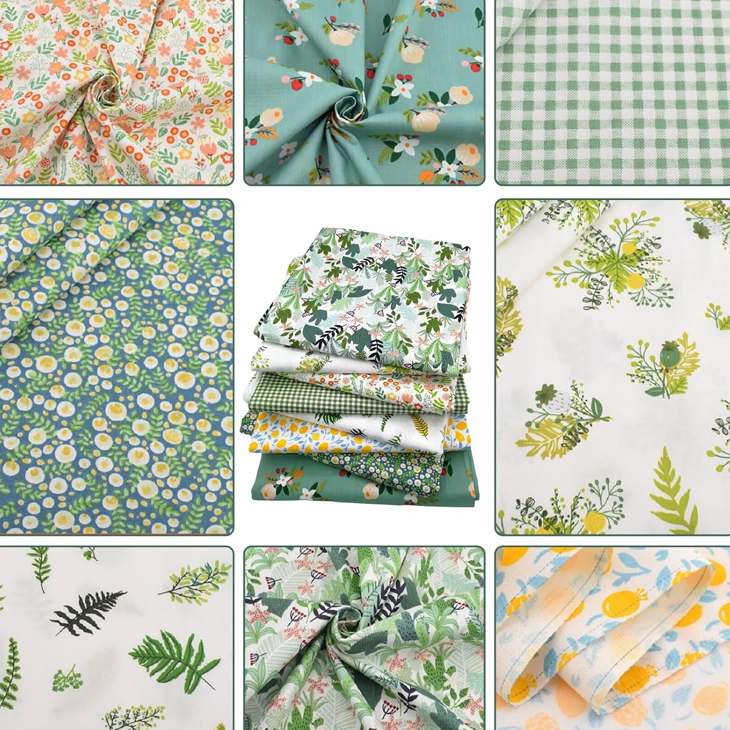 8Pcs 20 x 20 Inch Cotton Fabric Bundle Square Quilting Patchwork Precut Floral Printed Fat Quarters Fabrics for Quilting Sewing DIY Crafts (Green)