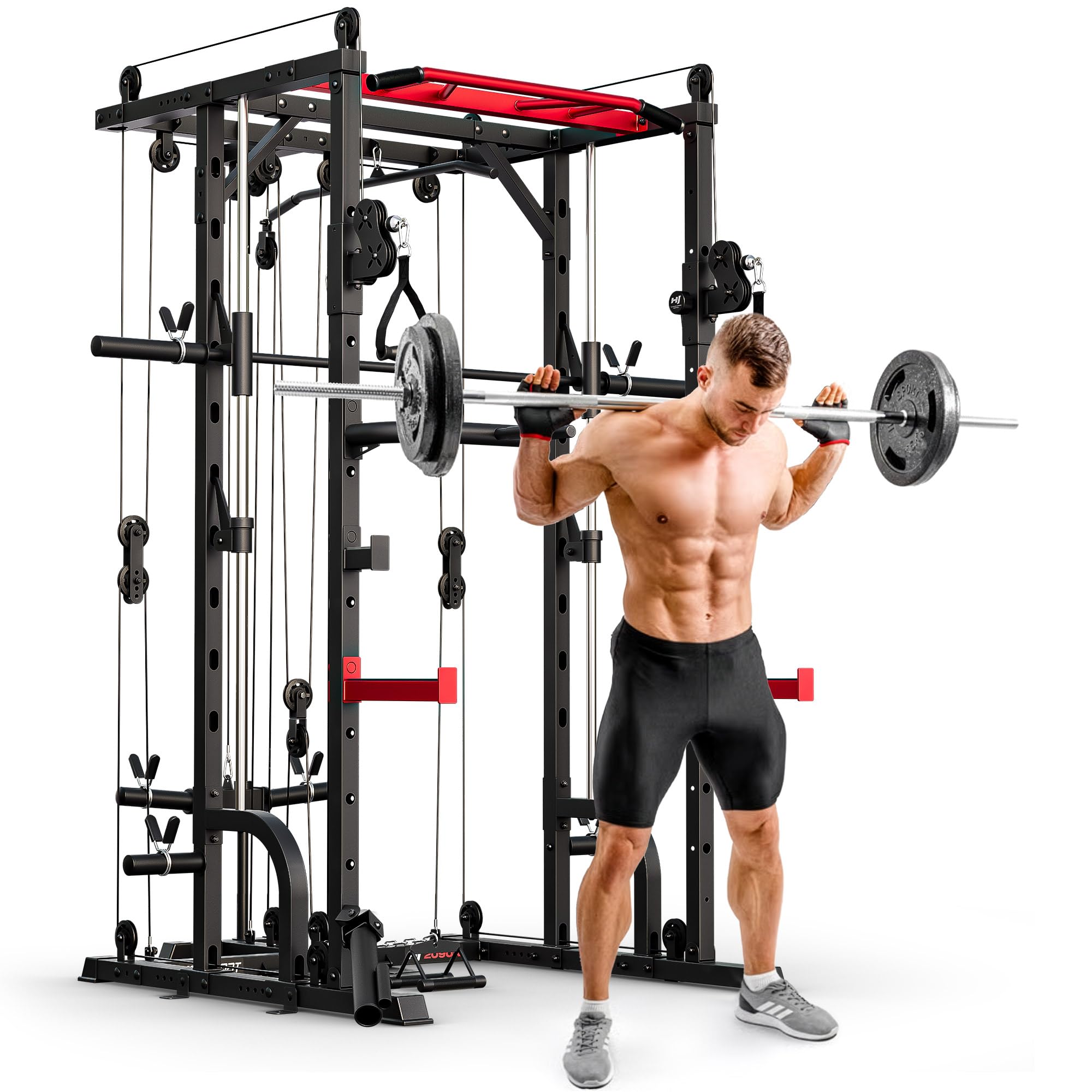 Hop-Sport Power Rack HS-2090K mit Latzug und Smith-Maschine, Power Cage mit Kabelzug, Klimmzugstange, Dip-Barren, Landmine, Multipresse und Sicherheitsablagen, Kraftstation Home Gym